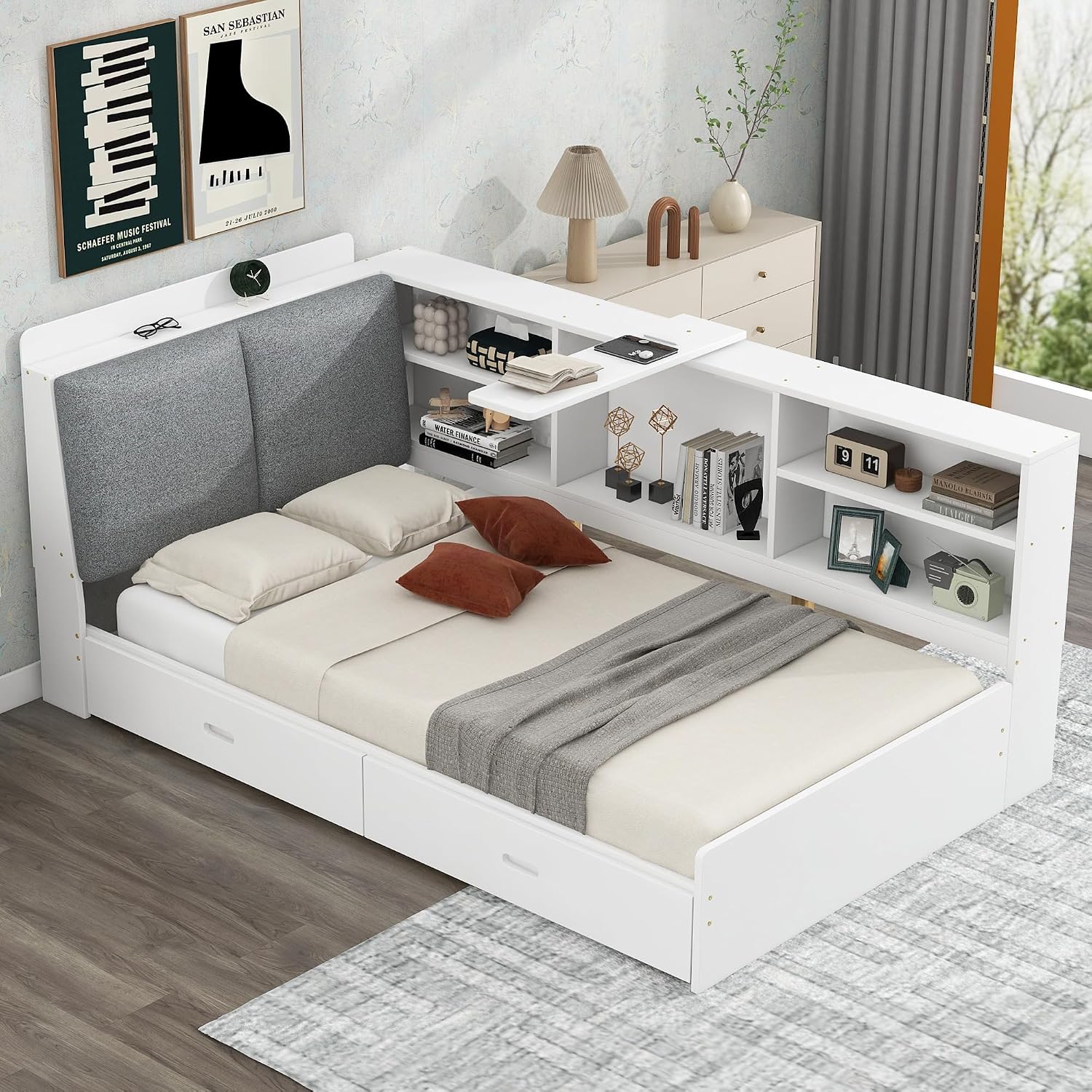 Twin Size Platform Bed with Storage Headboard and Shelves, Wooden Daybed Frame with Side Bookcase and 2 Drawers,Wood Slat Support, Rotatable Storage Board (White-83J)