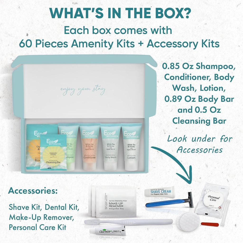 Terra Pure Eco Botanics Amenity & Accessory Kit | 0.85 oz Travel Size Shampoo, Conditioner, Lotion, Body Wash, Soap Bar, Shave & Dental Sets, Make-Up Remover Wipes, & Vanity Kit | 60 sets per case