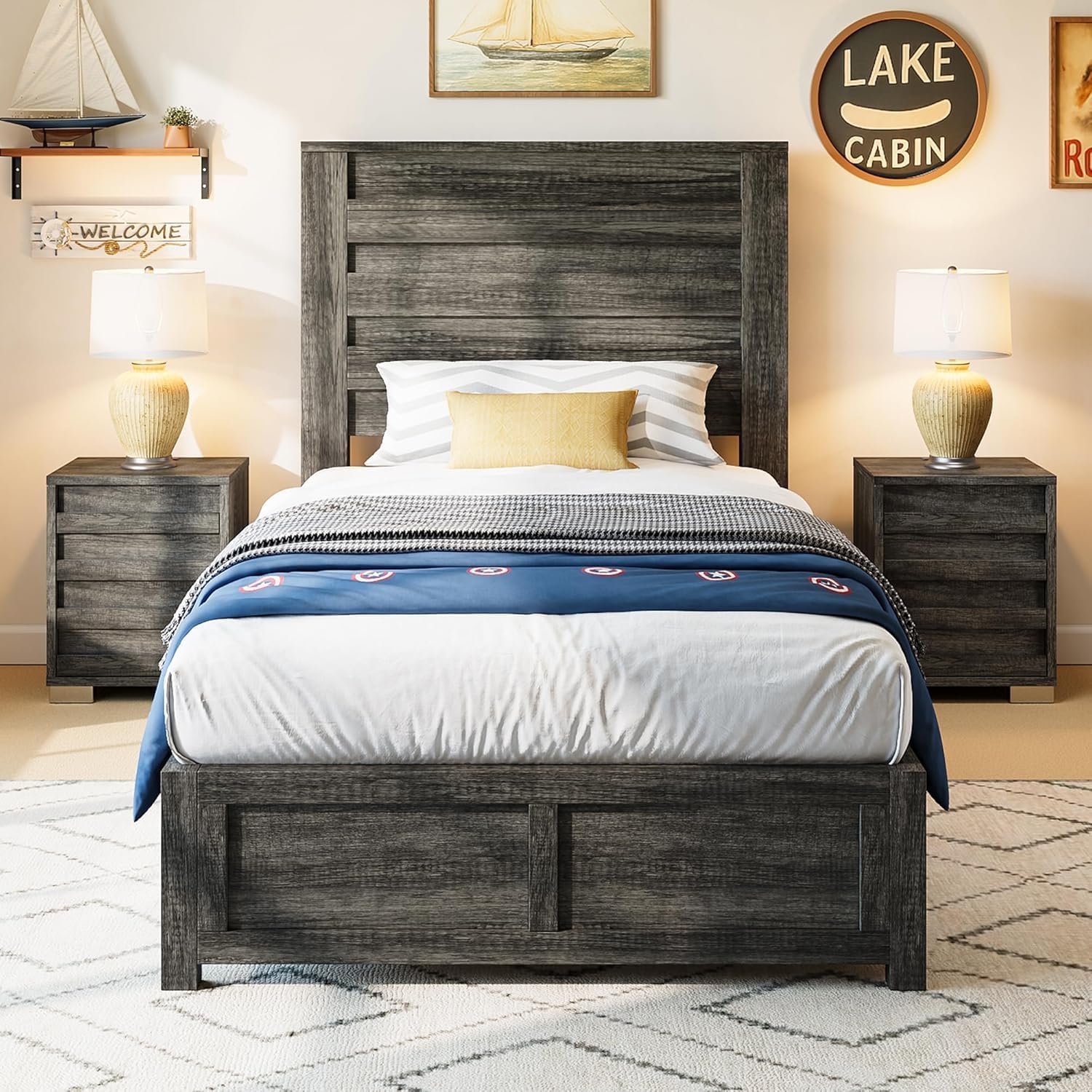 AMERLIFE Farmhouse Twin Platform Bed Frame with 49' Fluted Headboard, Wooden Bed with Natural Grain Finish, Noise-Free, No Box Spring Required, Easy Assembly, Grey