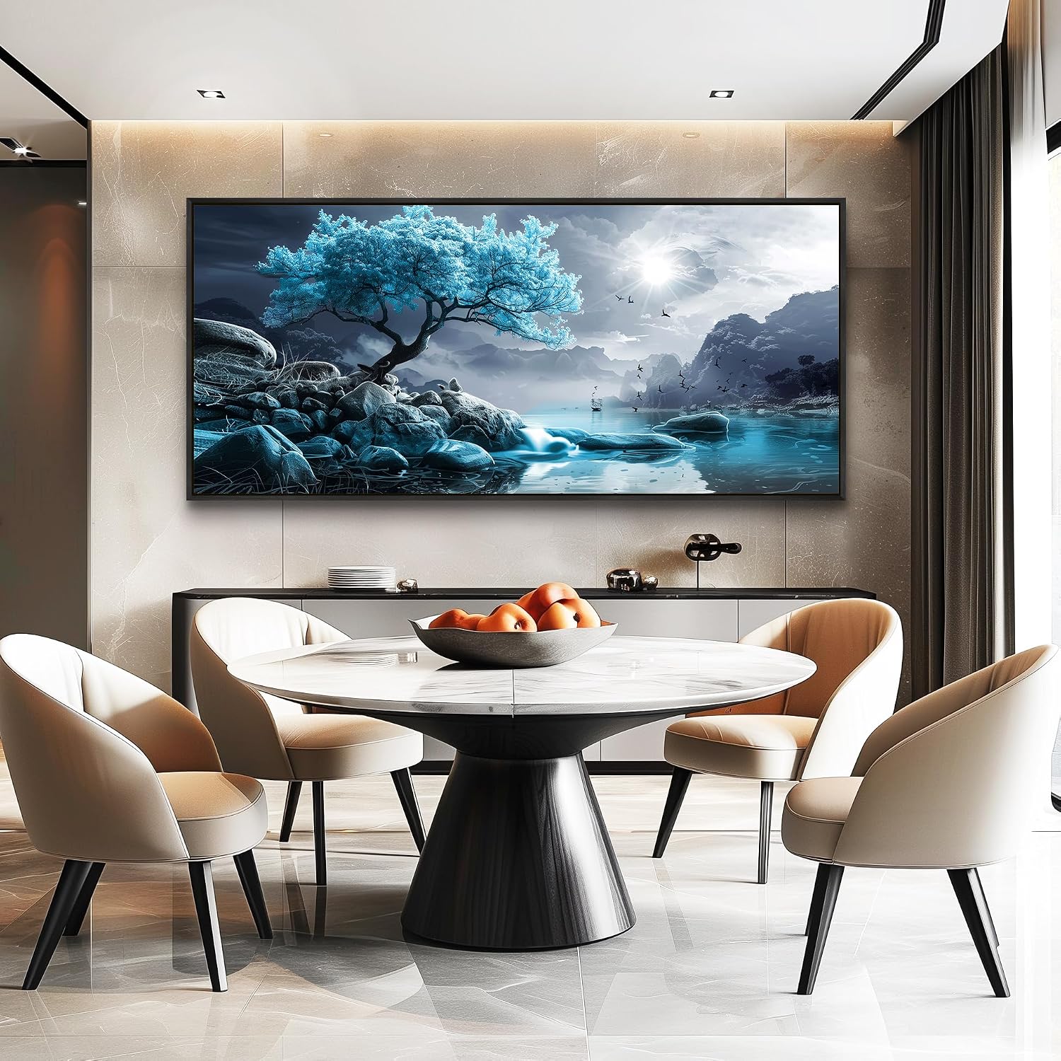 KELIYUAN Large Canvas Wall Decor Bedroom Blue Tree Landscape Wall Paintings Wall Art For Living Room Black And White Pictures Office Mural Framed Prints Artwork Modern Home Decor Aesthetics 32'X72'