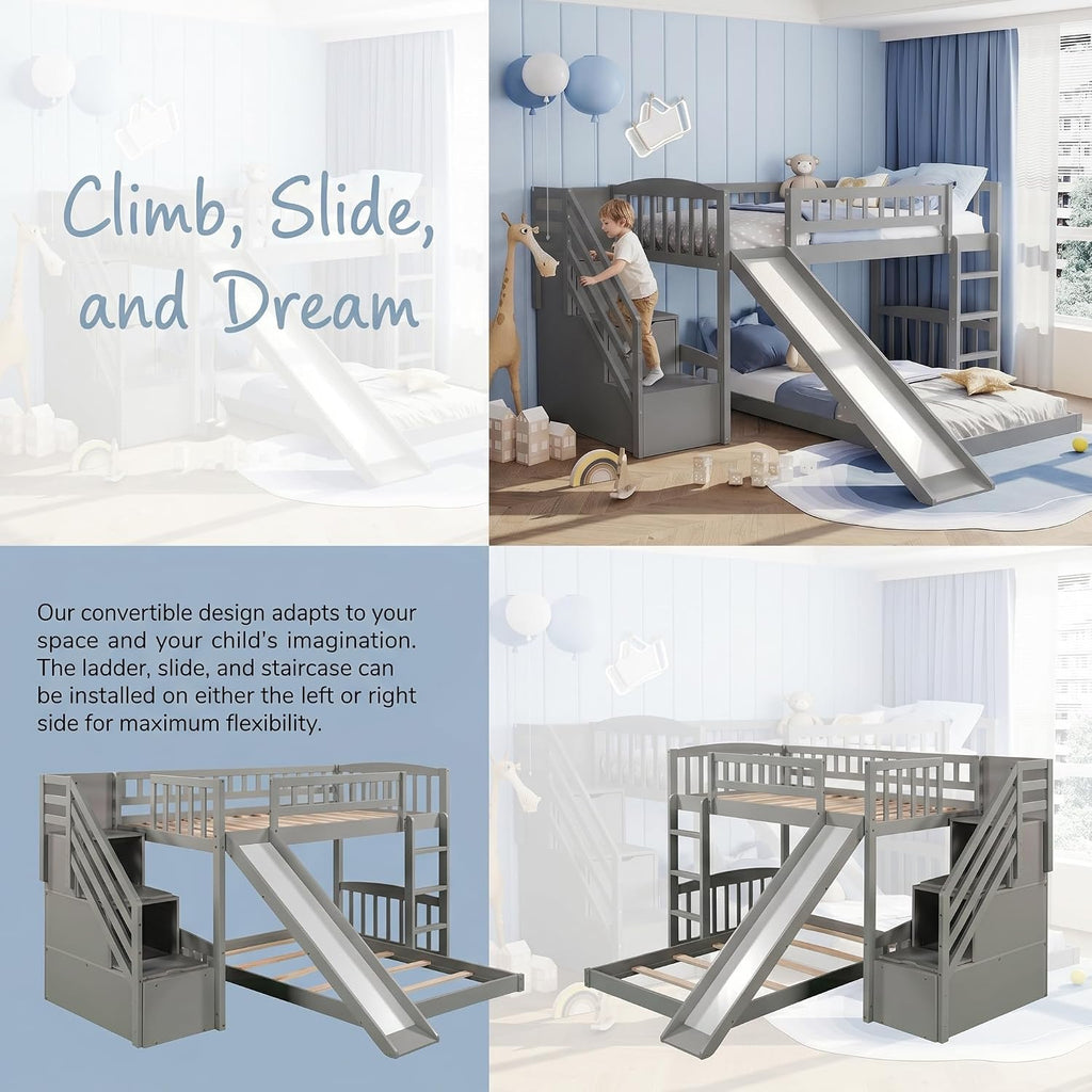Bellemave Twin Over Twin Stairway Bunk Bed with 2 Storage Drawers and Slide, Pinewood Frame, Full-Length Guardrails, Convertible Ladder Slide Staircase, No Box Spring for Kids Bedroom (Grey)
