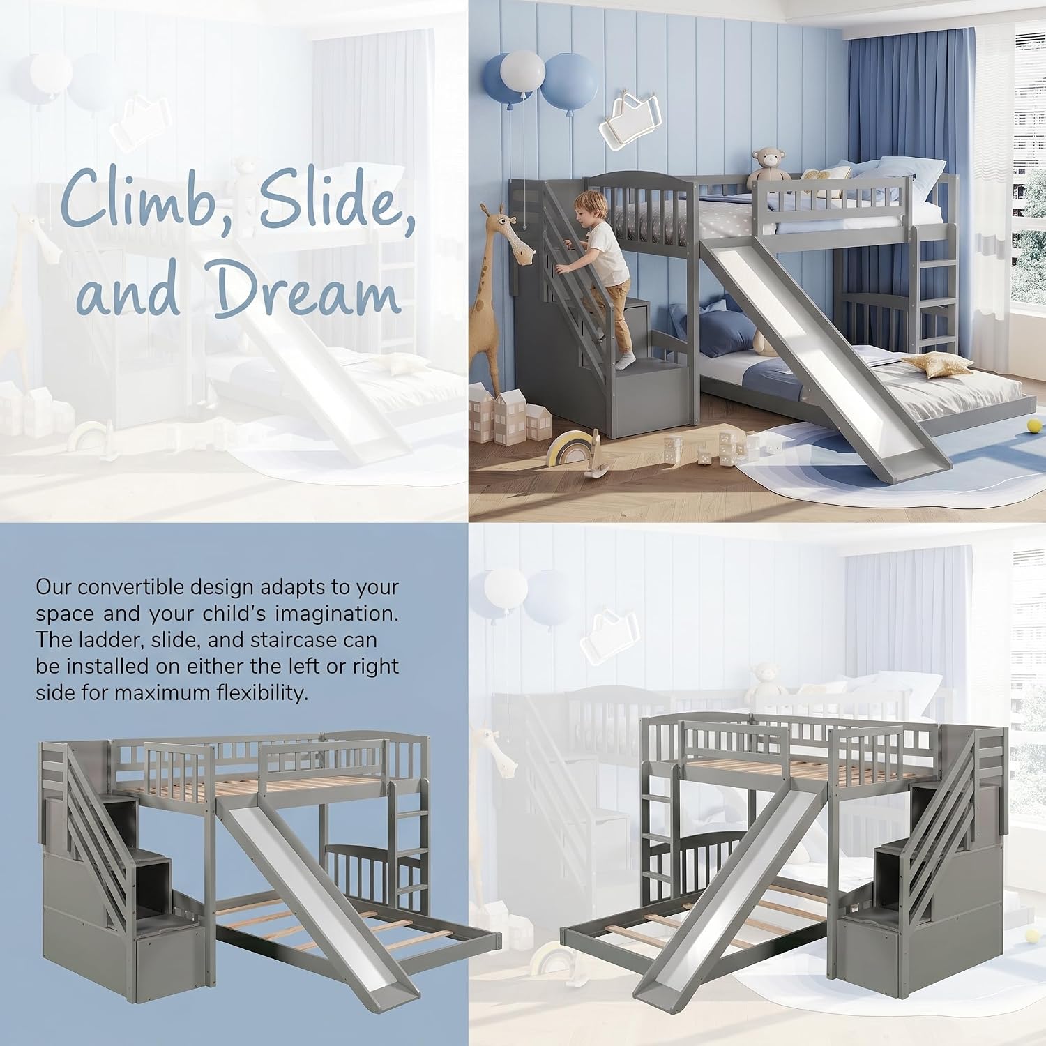 Bellemave Twin Over Twin Stairway Bunk Bed with 2 Storage Drawers and Slide, Pinewood Frame, Full-Length Guardrails, Convertible Ladder Slide Staircase, No Box Spring for Kids Bedroom (Grey)