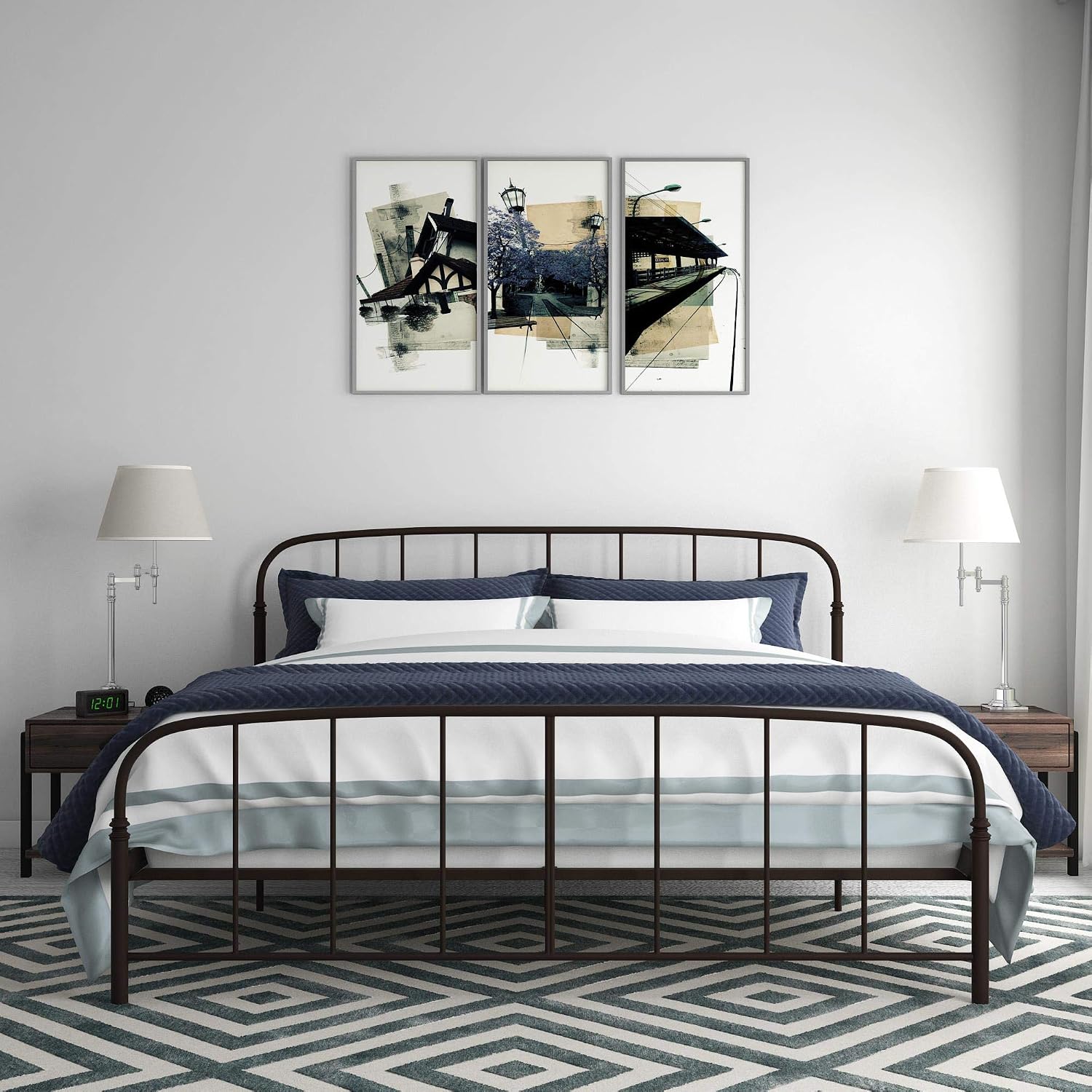 DHP Lafayette Metal Platform Bed with Rustic Style Curved Headboard and Footboard, Adustable Base Height for Underbed Storage, No Box Spring Needed, King, Bronze