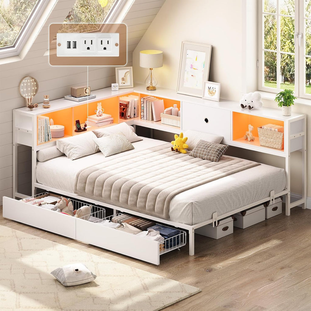 Hasuit Corner Full Bed Frame with Storage Drawers and Bookcase Headboard, Full Size Metal Platform Corner Bed Frame with Charging Station and LED Lights, Full Daybed for Kids Teens Guests, White