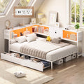 Hasuit Corner Full Bed Frame with Storage Drawers and Bookcase Headboard, Full Size Metal Platform Corner Bed Frame with Charging Station and LED Lights, Full Daybed for Kids Teens Guests, White