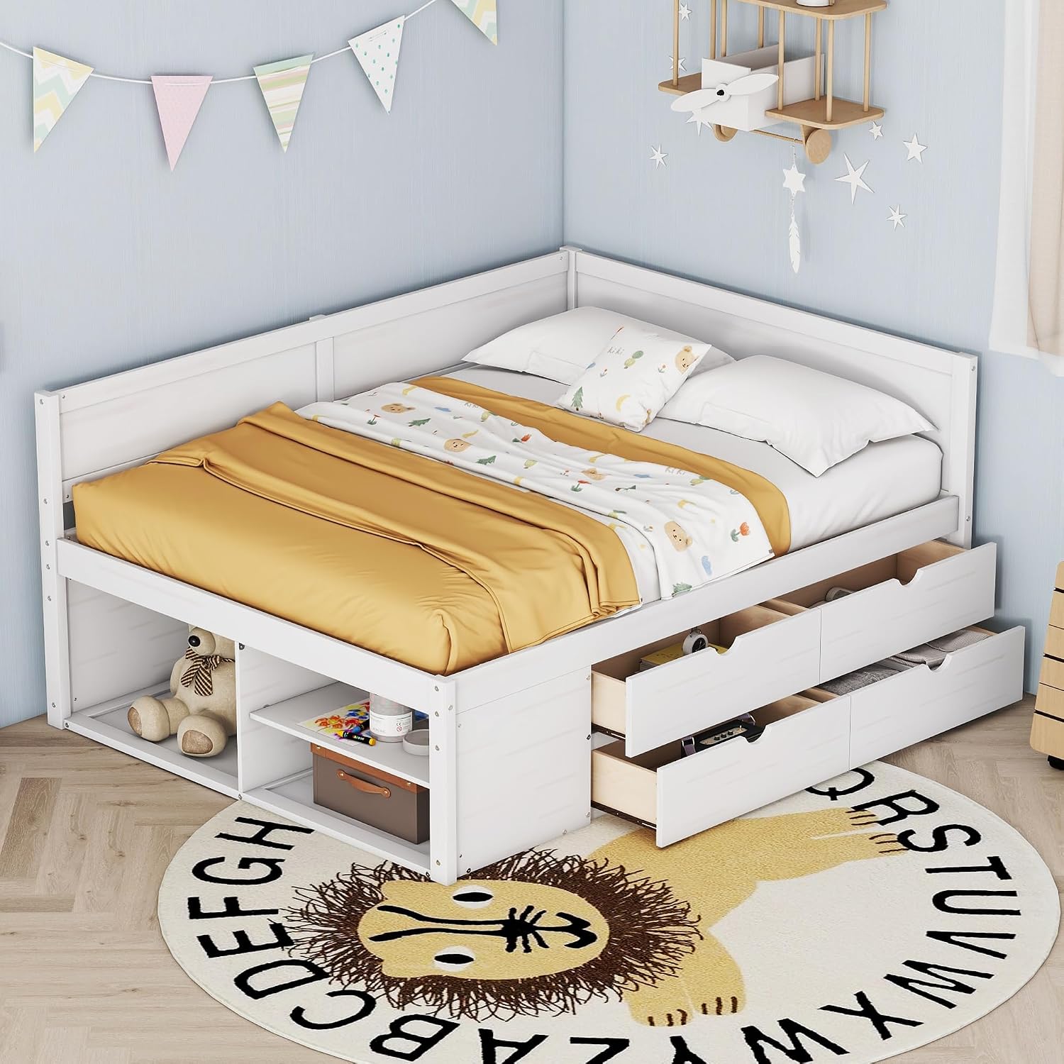 Full Size Daybed with 4 Pull-Out Drawers and 3 Functioning Shelves,Solid Wood Day Bed Frame with Wooden Slats Support for Bedroom,No Box Spring Required (White-AB41)