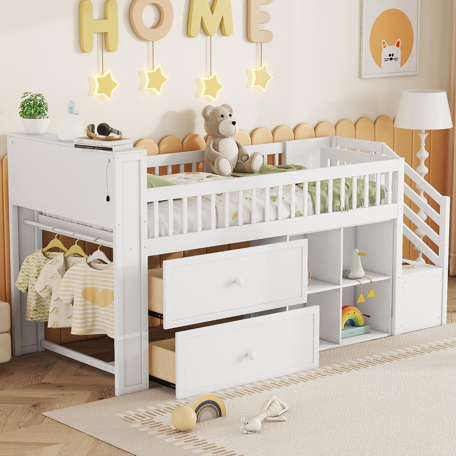 Twin Low Loft Bed with LED Lights, Loft Bed Frame for Kids with 2 Storage Drawers & Bookcase Headboard, Solid Wood Loft Beds with Stairs and Safety Guardrail for Junior Girls Boys (White)