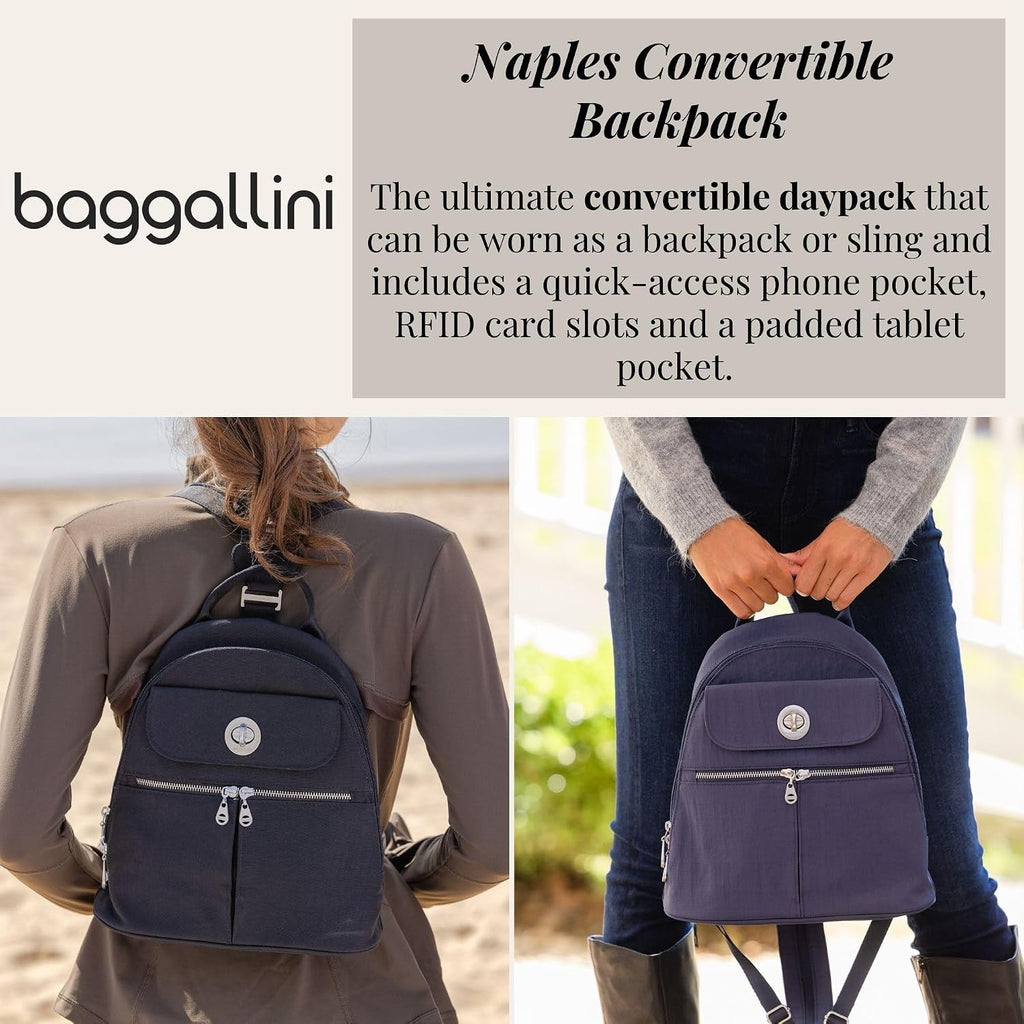 Baggallini Naples Convertible Backpack - Travel Sling Crossbody - 12' Nylon Handbag w/RFID & Padded Tablet Sleeve