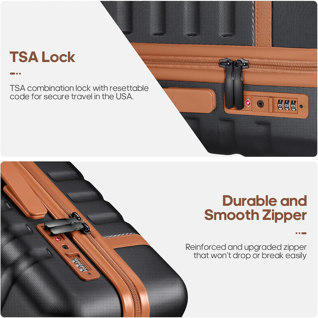 UKEIN Luggage Sets 3 Piece, PC Hardside Checked Luggage 24 Inch With Spinner Wheels with TSA Lock, Large Suitcase Set With Travel Backpack for Men (Black, 3 piece set (24inch))
