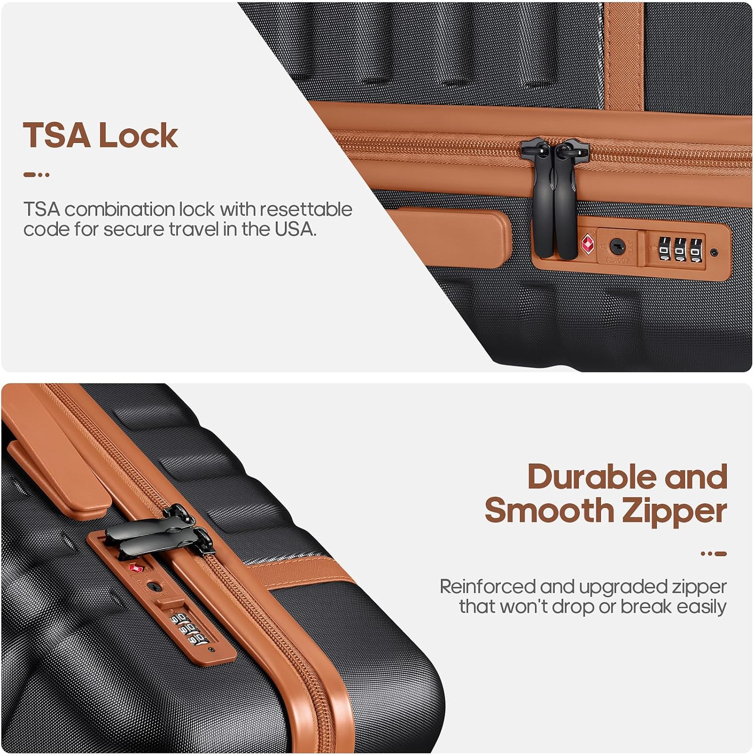 UKEIN Luggage Sets 3 Piece, PC Hardside Checked Luggage 24 Inch With Spinner Wheels with TSA Lock, Large Suitcase Set With Travel Backpack for Men (Black, 3 piece set (24inch))