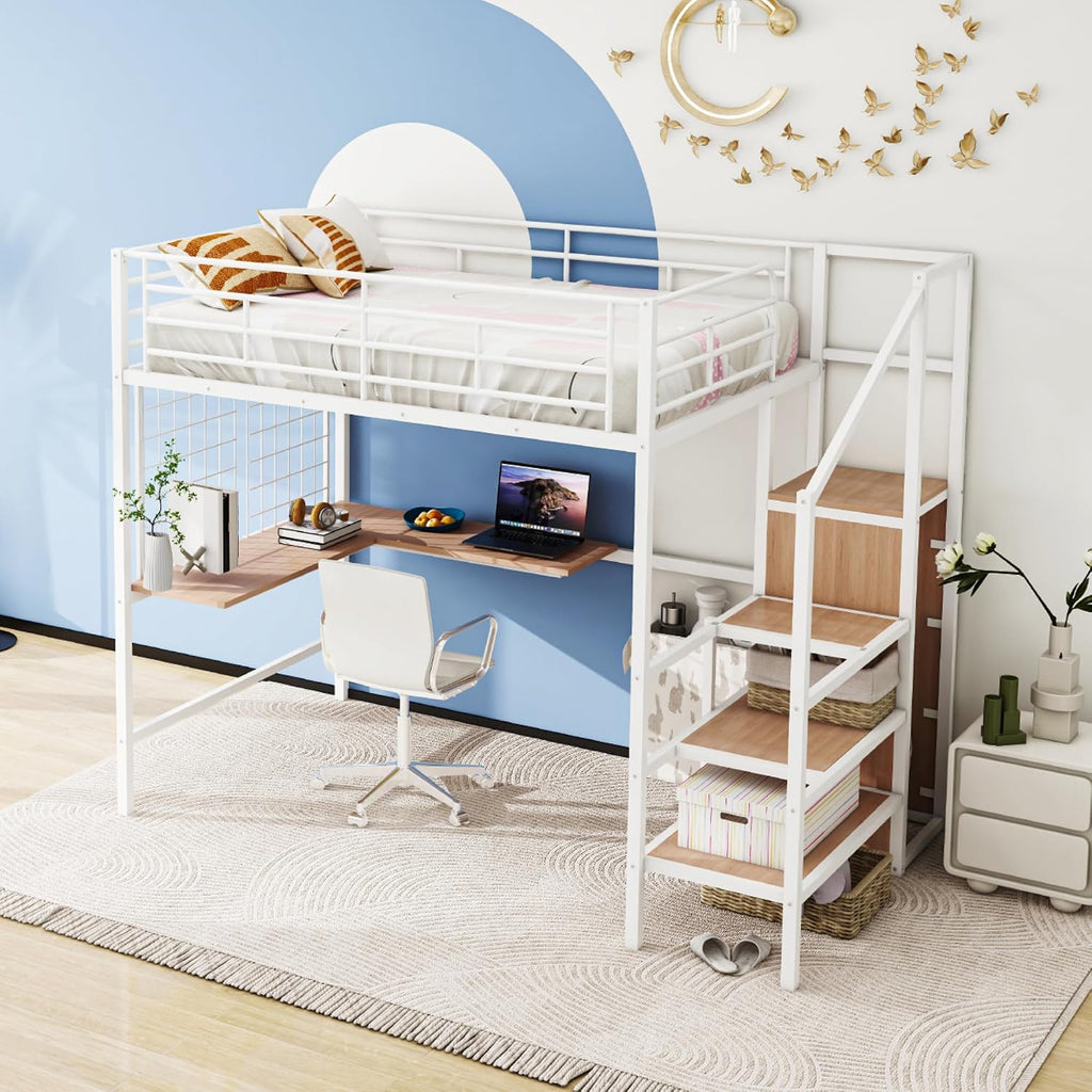 Metal Loft Bed with L-Shape Desk and Metal Grid, Lateral Storage Ladder and Wardrobe, Full Size Metal Frame Bed with Metal Slat Support and Guardrail, No Box Spring Needed (White-Wardrobe,Full)