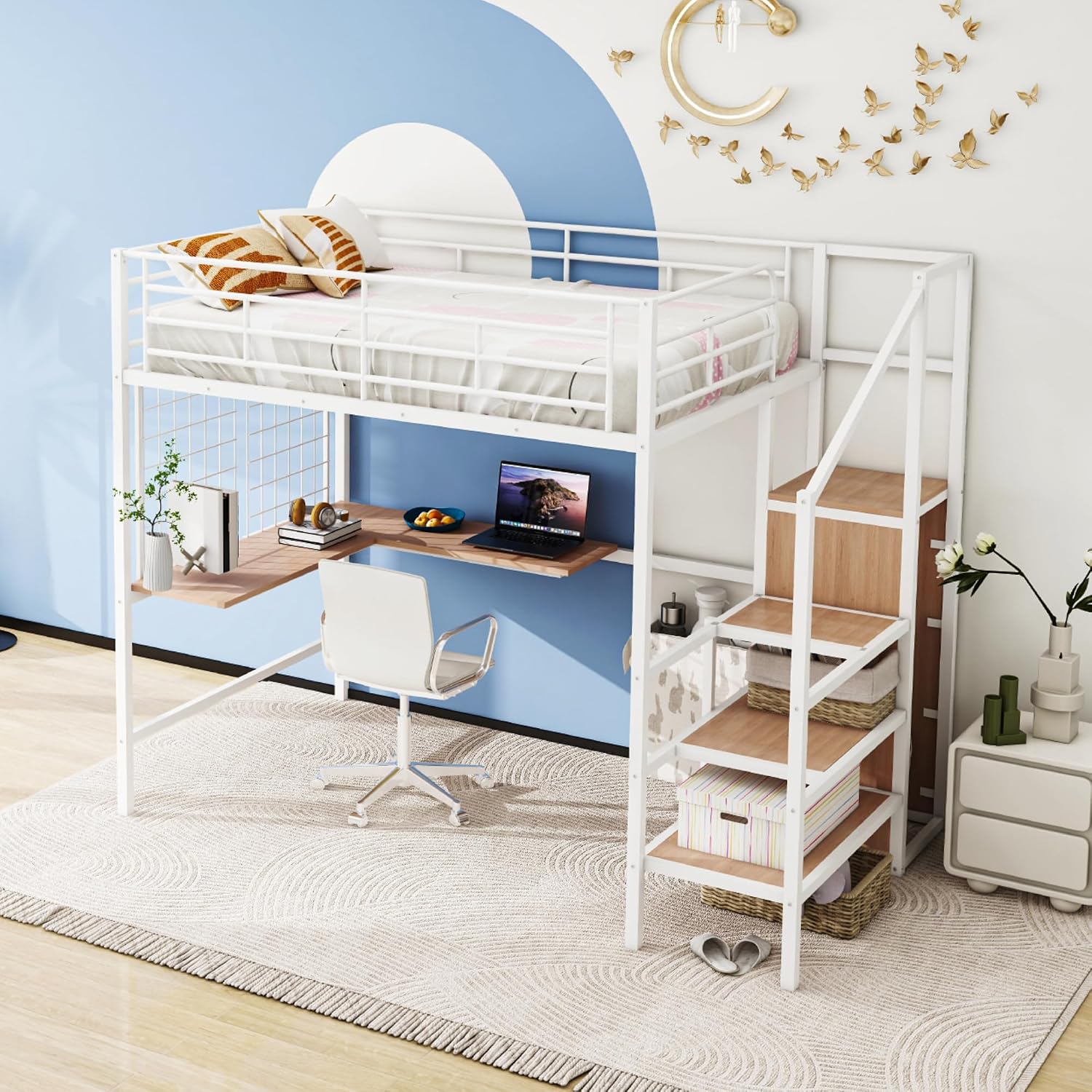 Metal Loft Bed with L-Shape Desk and Metal Grid, Lateral Storage Ladder and Wardrobe, Full Size Metal Frame Bed with Metal Slat Support and Guardrail, No Box Spring Needed (White-Wardrobe,Full)
