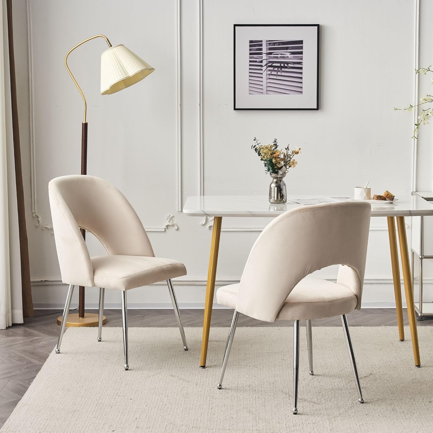 Luxury Velvet Swivel Dining Chairs Set of 2 Beige Chairs for Living Room or Bedroom Single Light Luxury Design Metal Legs Elegant Furniture for Home Décor (Beige Set of 2)