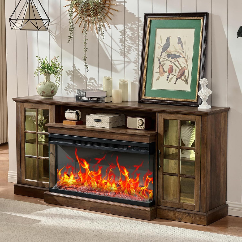 ROCKPOINT 3 Sided Glass 70' Fireplace TV Stand for TVs up to 80inch, Media Entertainment Center with Glass Door Storage Cabinet,36' Electric Fireplace with LED Light and Flame Colors, Espresso