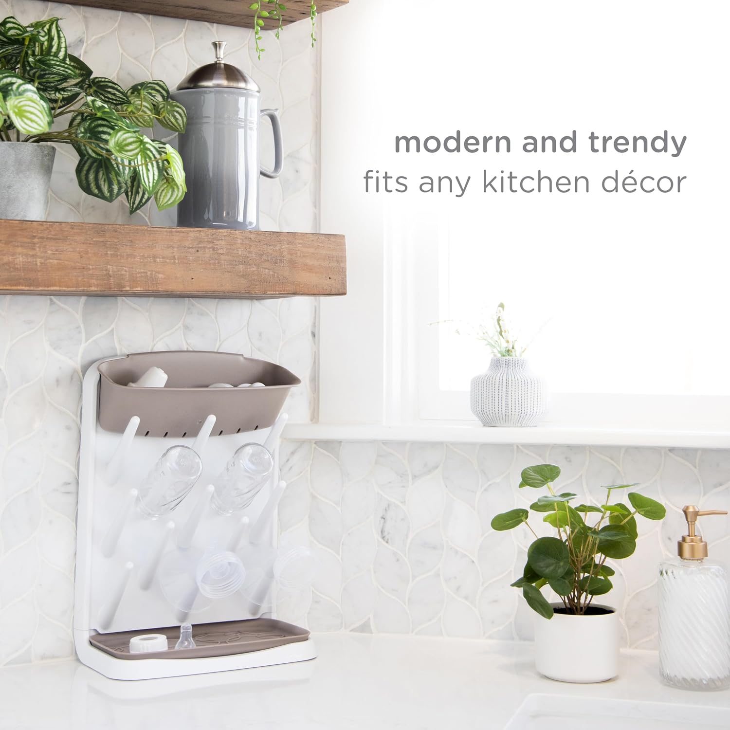 Ubbi Vertical Baby Bottle Drying Rack, Space Saving Countertop Drying Rack Baby Accessory, Taupe (Pack of 6)