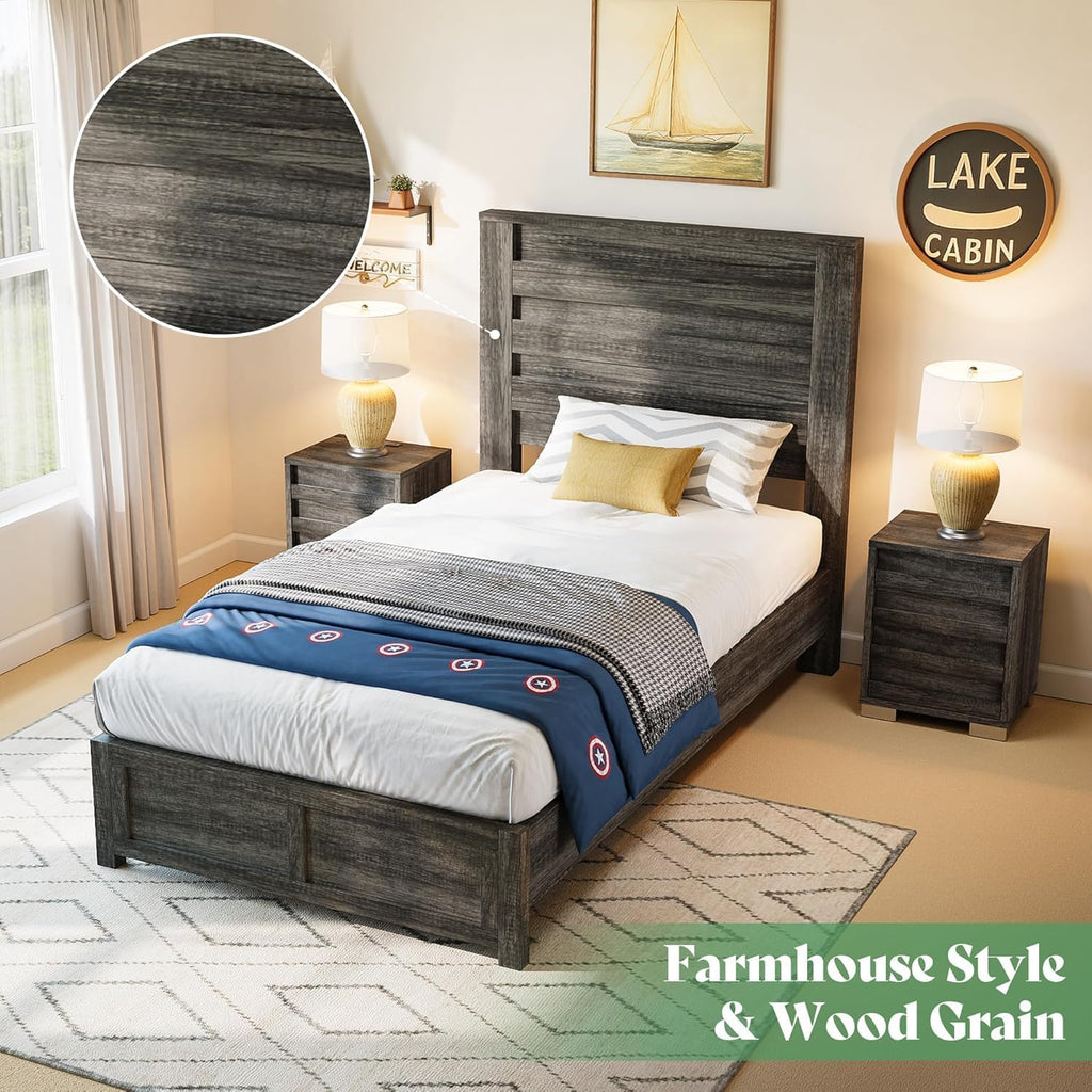 AMERLIFE Farmhouse Twin Platform Bed Frame with 49' Fluted Headboard, Wooden Bed with Natural Grain Finish, Noise-Free, No Box Spring Required, Easy Assembly, Grey