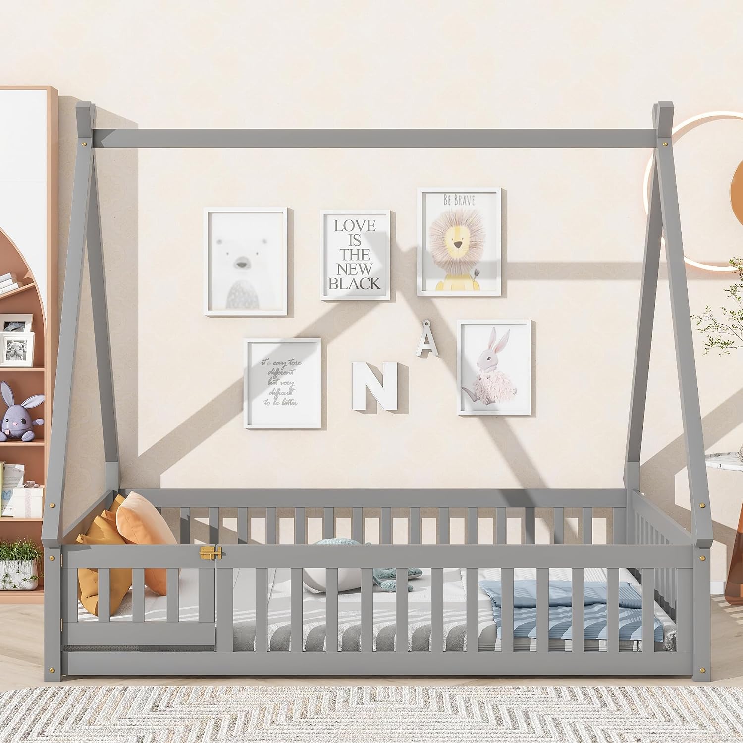 JIVOIT Full Size Tent-Shaped Floor Bed with Door, House Platform Bed Tent Bed Frame with Fence-Shaped Guardrails and Wood Slats Support, Wood Floor Play House Bed for Kids Boys Girls Teens (Gray,2)