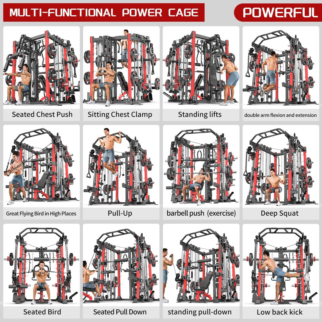 Multi-Purpose Squat Rack,Smith Machine Weight Rack Set with Cable Crossover System, Home Gym Power Racks, Power Racks and Packages