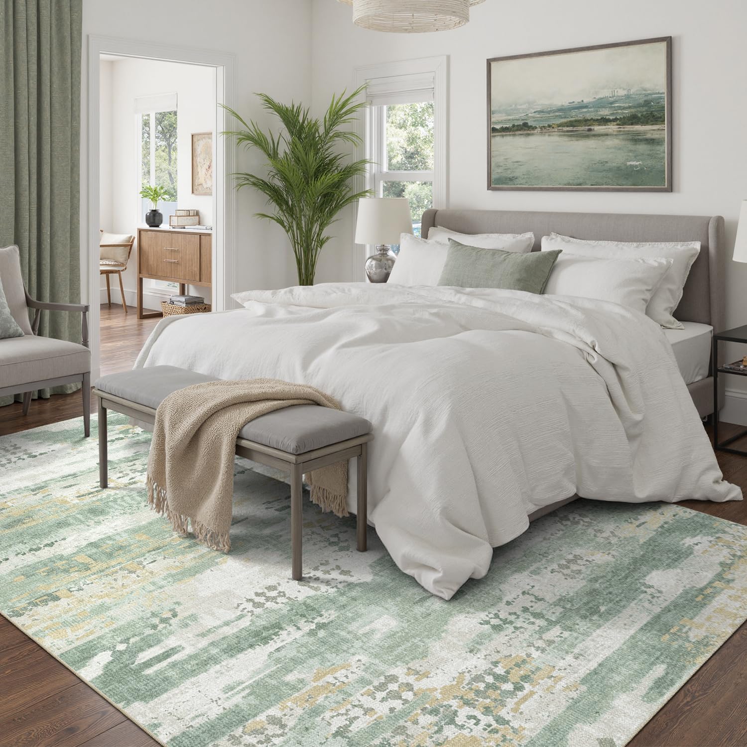 DCX Abstract Area Rug 10x14, Washable Sage Green Modern Rug for Living Room, Kid & Pet Friendly with Rubber Back Non Slip, Soft Low Pile Carpet, Stain Resistant Rug for Bedroom, Office, Dining Room
