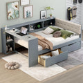 Full Size Platform Bed with Storage Shelves and Study Desk, Wood Daybed Frame with Upholstered Headboard and 2 Drawers for Office/Living Room/Bedroom, Maximize Space