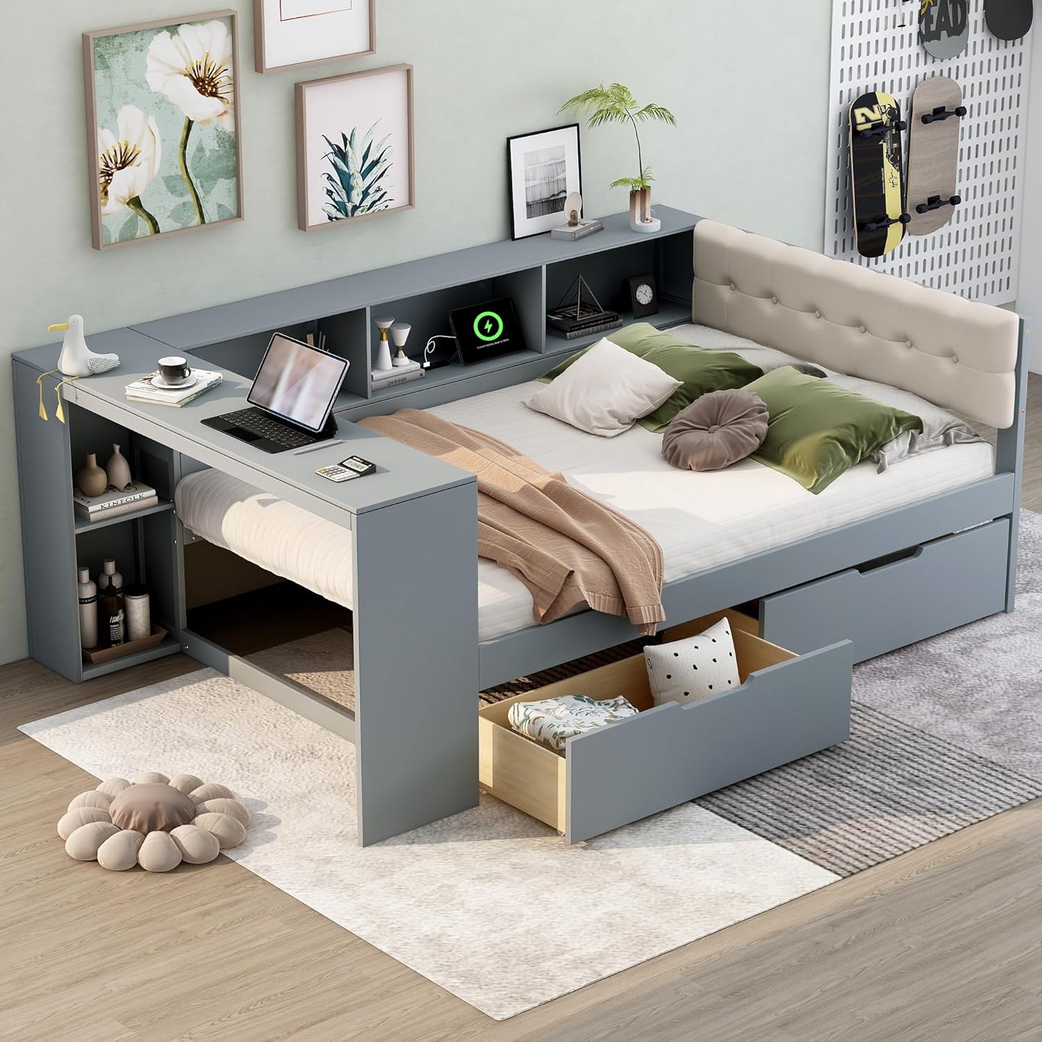 Full Size Platform Bed with Storage Shelves and Study Desk, Wood Daybed Frame with Upholstered Headboard and 2 Drawers for Office/Living Room/Bedroom, Maximize Space