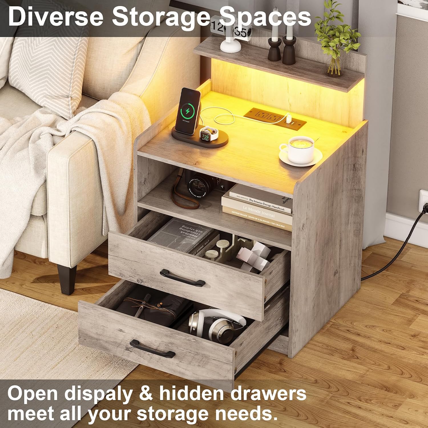 Nightstand Set of 2 with Charging Station and LED Lights, Bedside Table with 2 Drawers and Open Storage Shelf, 2 USB Ports and 2 AC Outlets, LED Night Stands for Bedroom Set of 2, Grey