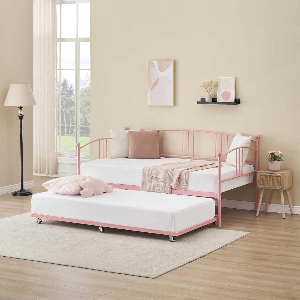 GarveeHome Daybed with Trundle, Sturdy Metal Day Bed with Steel Slat Support, Trundle Bed Twin with Arched Headboard, SofaBed for Living Room, Bedroom and Guest Room, Pink