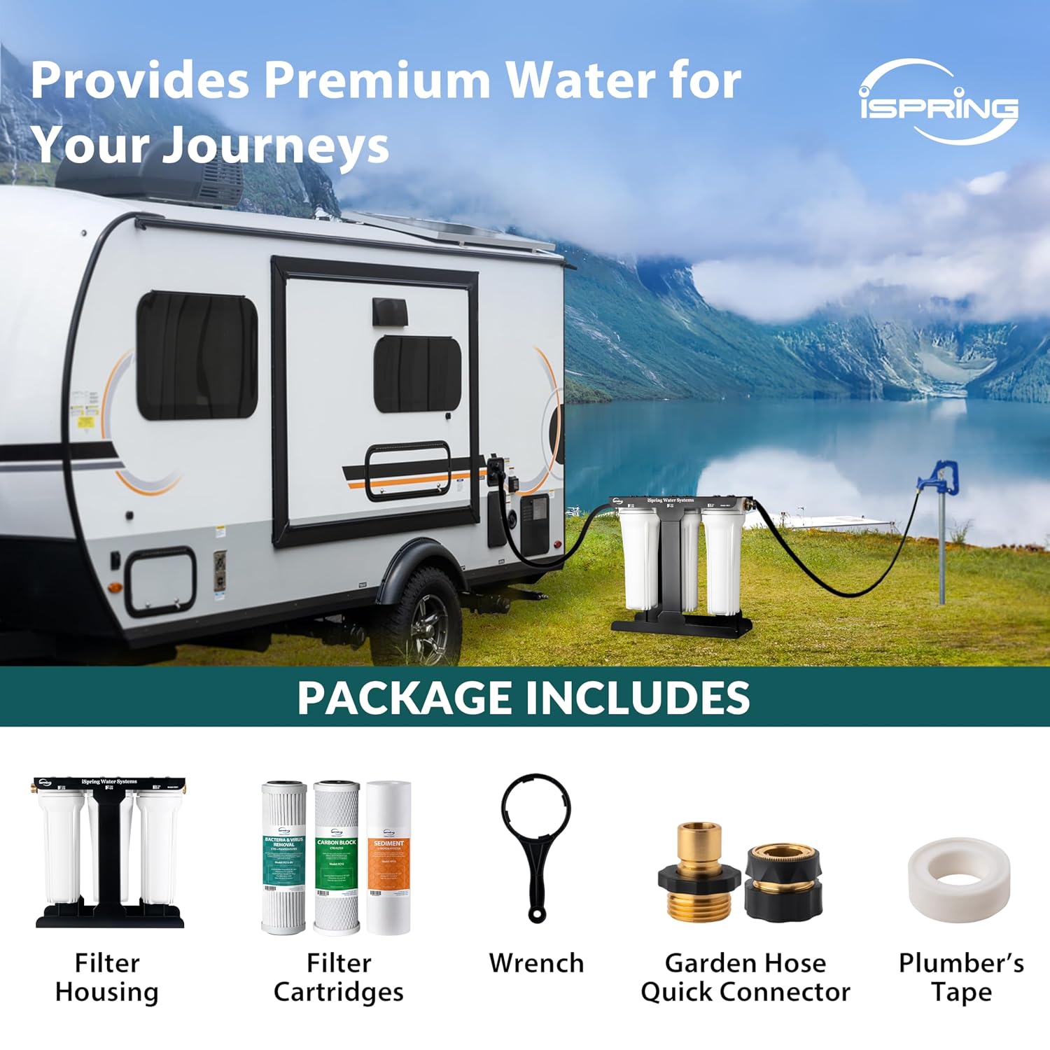 iSpring 3-Stage RV Water Filter System, SGS-Tested up to 99.99% Bacteria and Viruses Removal, Reduces Chlorine, Lead, and Sediment, Leak-Free Brass Fittings, External Mounting Bracket, Model: CW31-BV