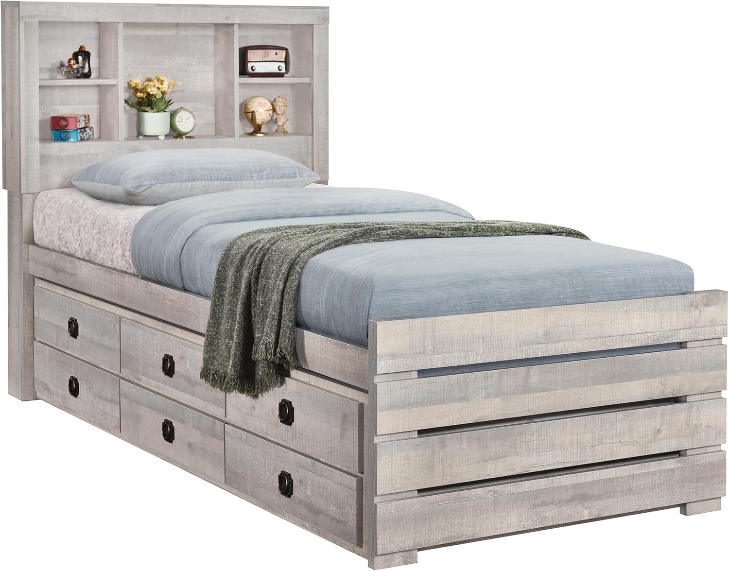 GOWE 2 Pieces Bedroom Sets Farmhouse Style Twin Size Bookcase Captain Bed and Nightstand, Rustic White