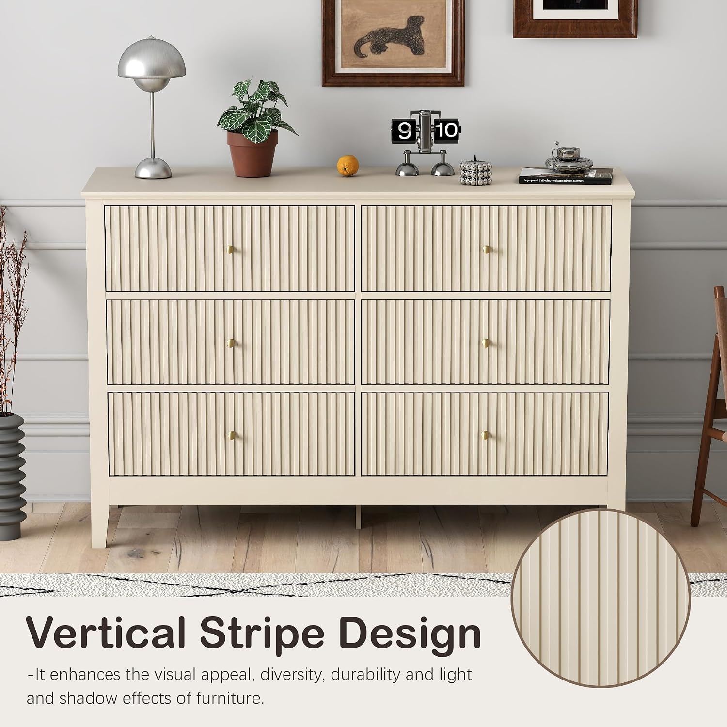 Beige Dresser for Bedroom, 6 Drawers Fluted Chest of Drawers with Storage, Modern 47'' Wide Dresser with Paint Design, Wood Drawer Organizer Dressers for Entryway, Hallway