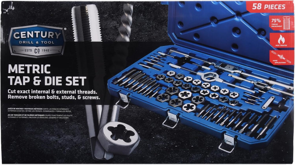 Century Drill & Tool Metric Tap and Die Set, 58-Pc Heat Treated Steel Hand Cutting Taps & Dies Includes Wrenches, Screw Extractors, Pitch Gauge & More - 98957