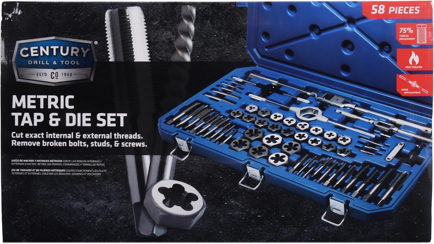 Century Drill & Tool Metric Tap and Die Set, 58-Pc Heat Treated Steel Hand Cutting Taps & Dies Includes Wrenches, Screw Extractors, Pitch Gauge & More - 98957