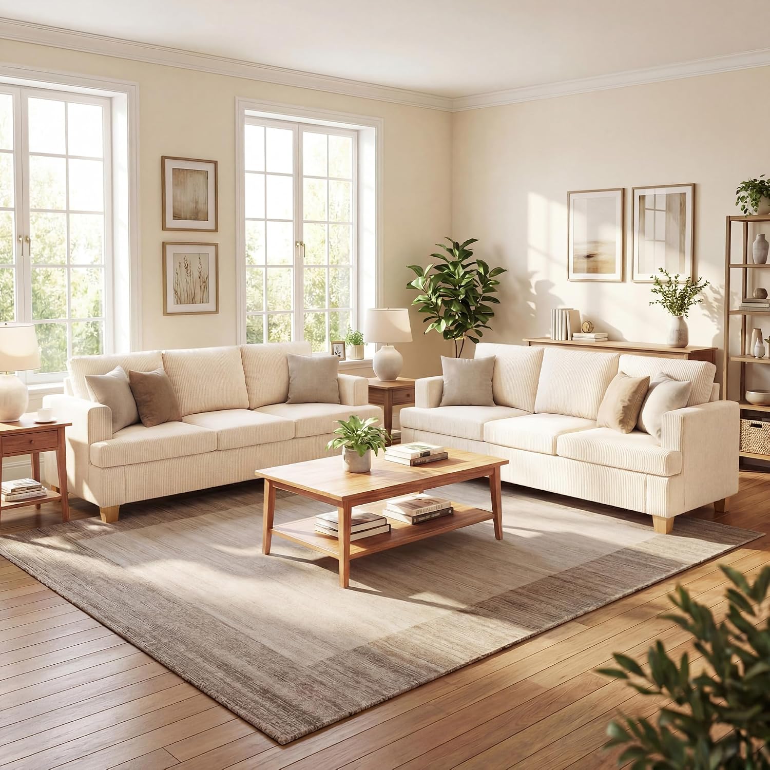 Fiona's magic 6 Seats Couch Set, 2 Piece Set Comfy Sofa, 3 Seater Sofa*2 with Deep Seats for Living Room, Modern Sleeper Couch, White Corduroy