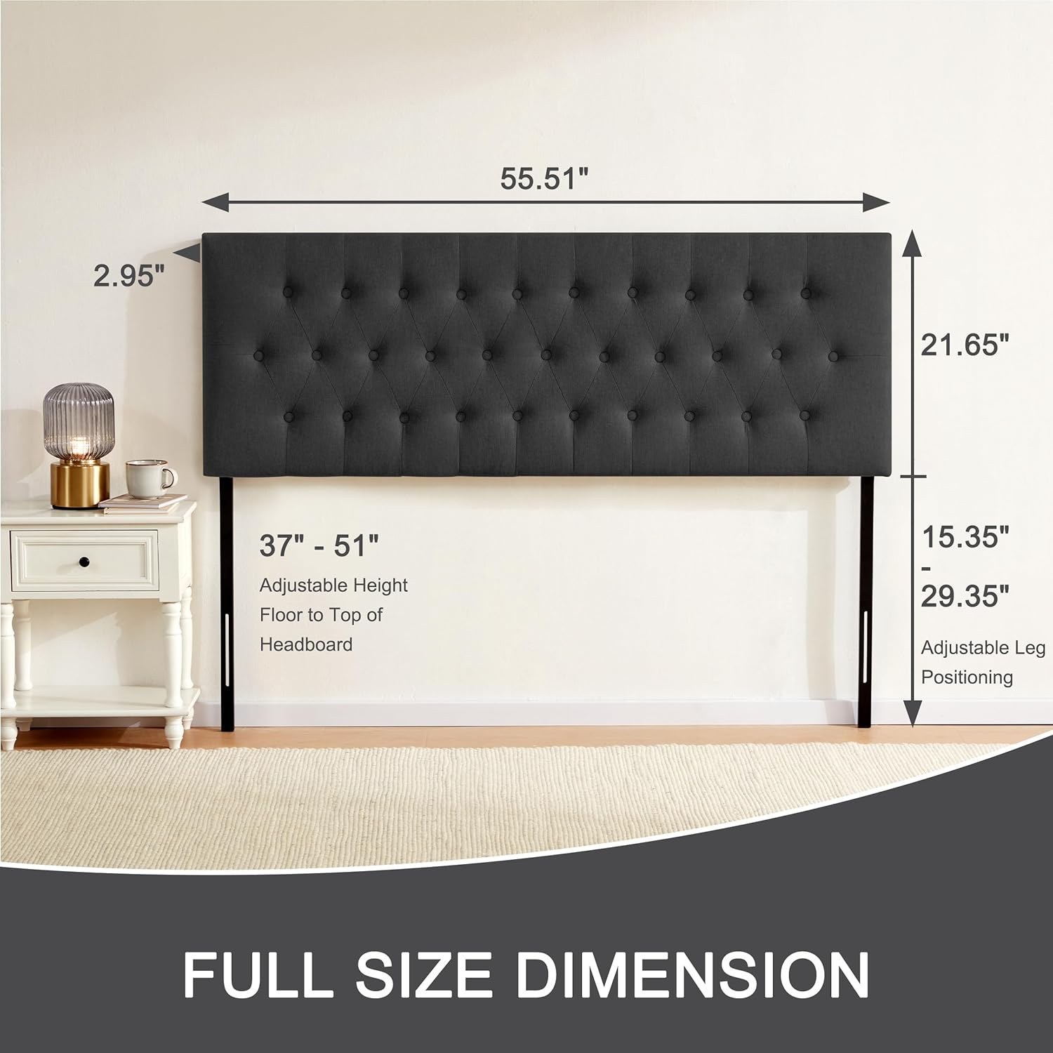 Huatean Home Tufted Upholstered Headboard Full Size, Solid Wood Head Board with Durable Metal Legs, Adjustable Height Full XL headboard from 37' to 51' Fabric Headboard in Modern Button Design, Black