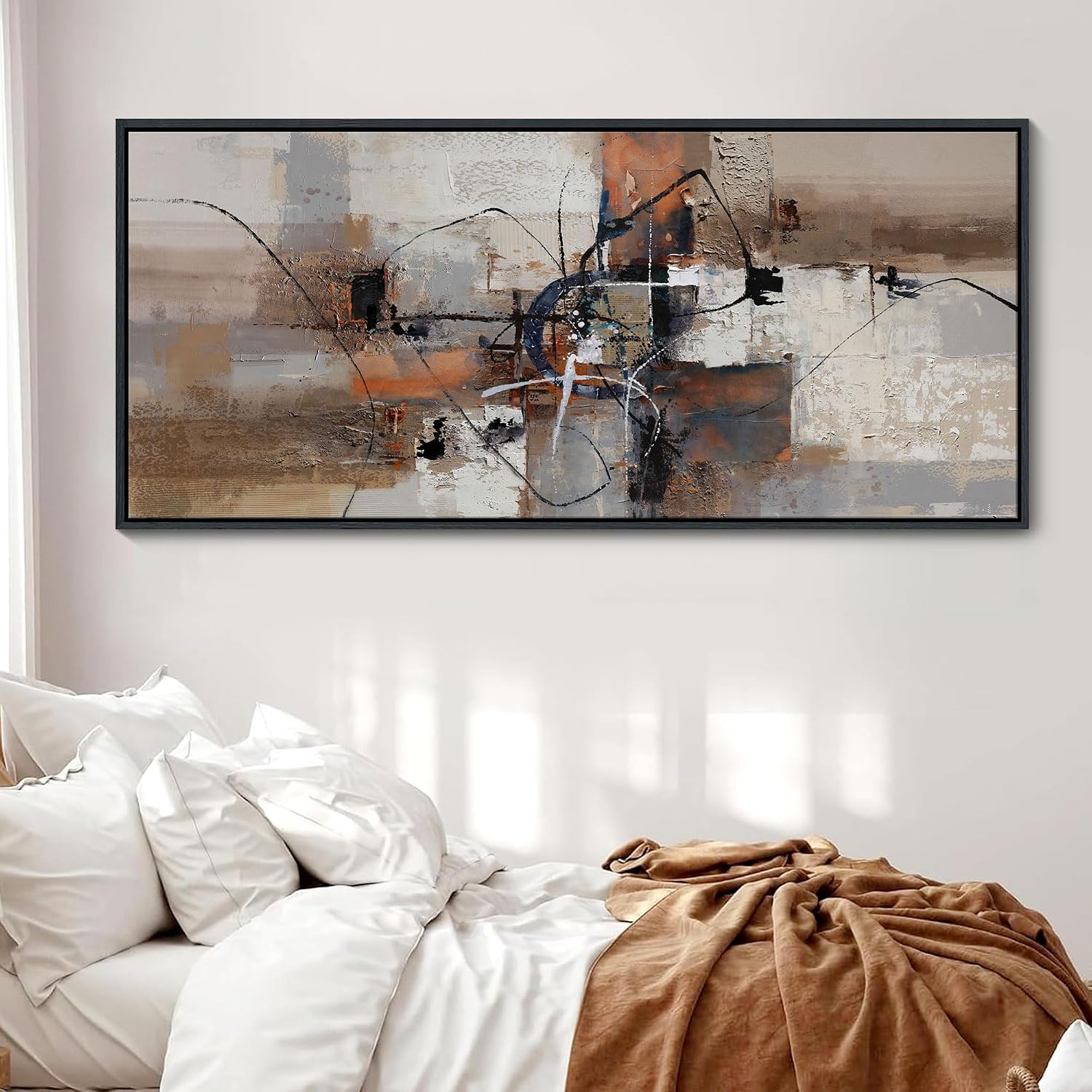 YDYSUNE Abstract Painting Wall Art Textured Picture for Living Room Orange Home Bedroom Decoration Modern Framed Extra Large Artwork Decor 70x31IN Brown Gray Wall Decoration