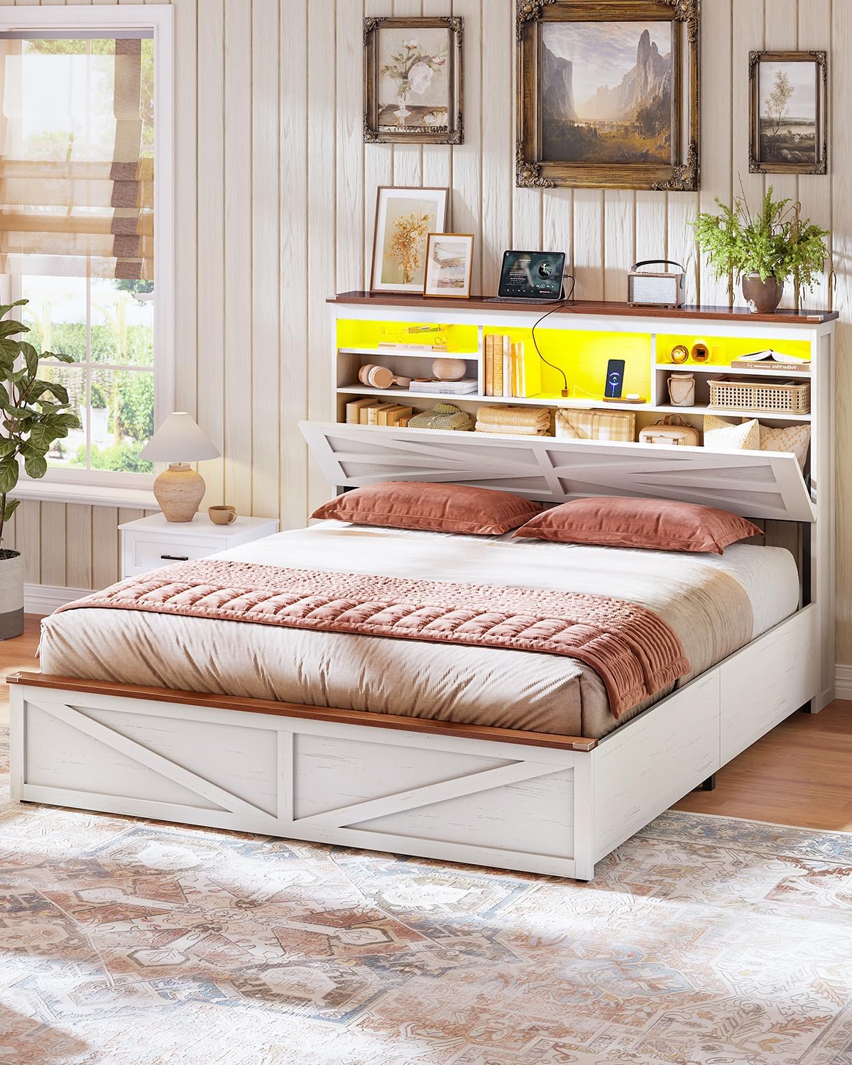 AOGLLATI Farmhouse Full Size Bed Frame with Lift Up Storage & Hidden Bookcase Storage Headboard, Wood Bed Frame Full with Charging Station, Led Lights, No Box Spring Needed, Antique White