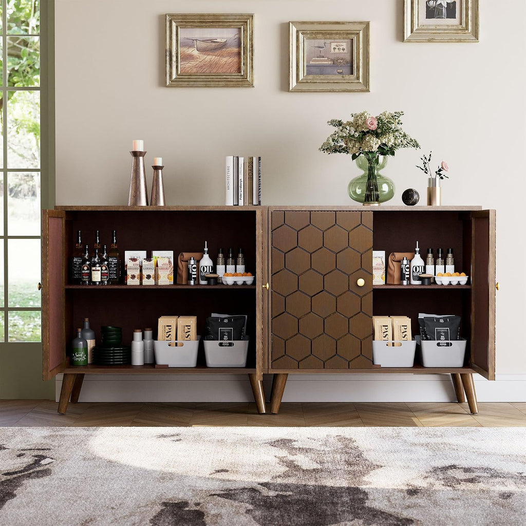 COSIEST Set of 3 32' Storage Sideboards with Doors, Accent Cabinets with Magnetic Push-to-Open Doors, Brown Honeycomb Pattern, Entryway Console for Living Room, Kitchen, Hallway