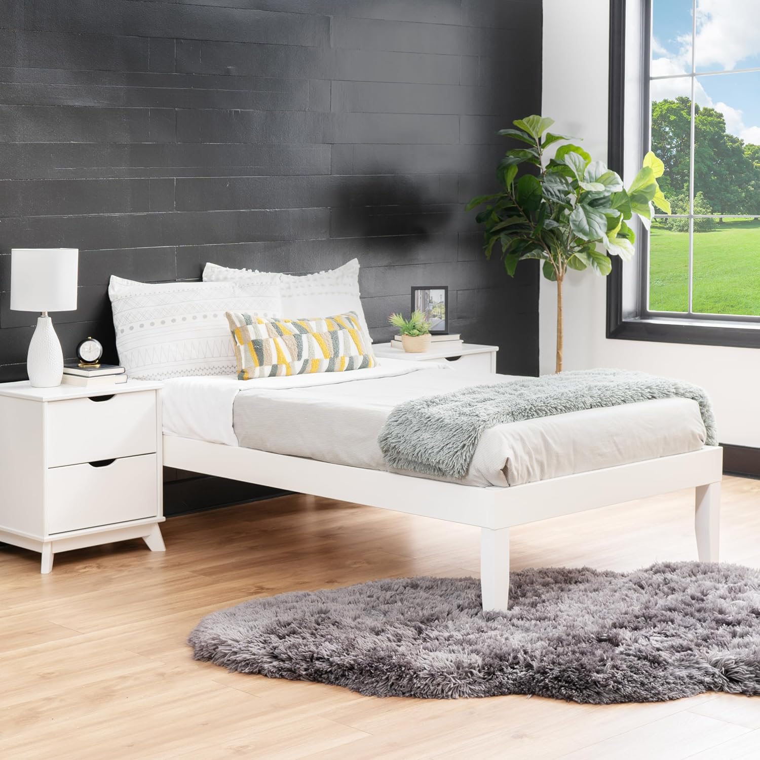 Powell Fordham White Solid Pine Wood Twin Sized Platform Bed with Set of 2 Two Drawer Nightstands