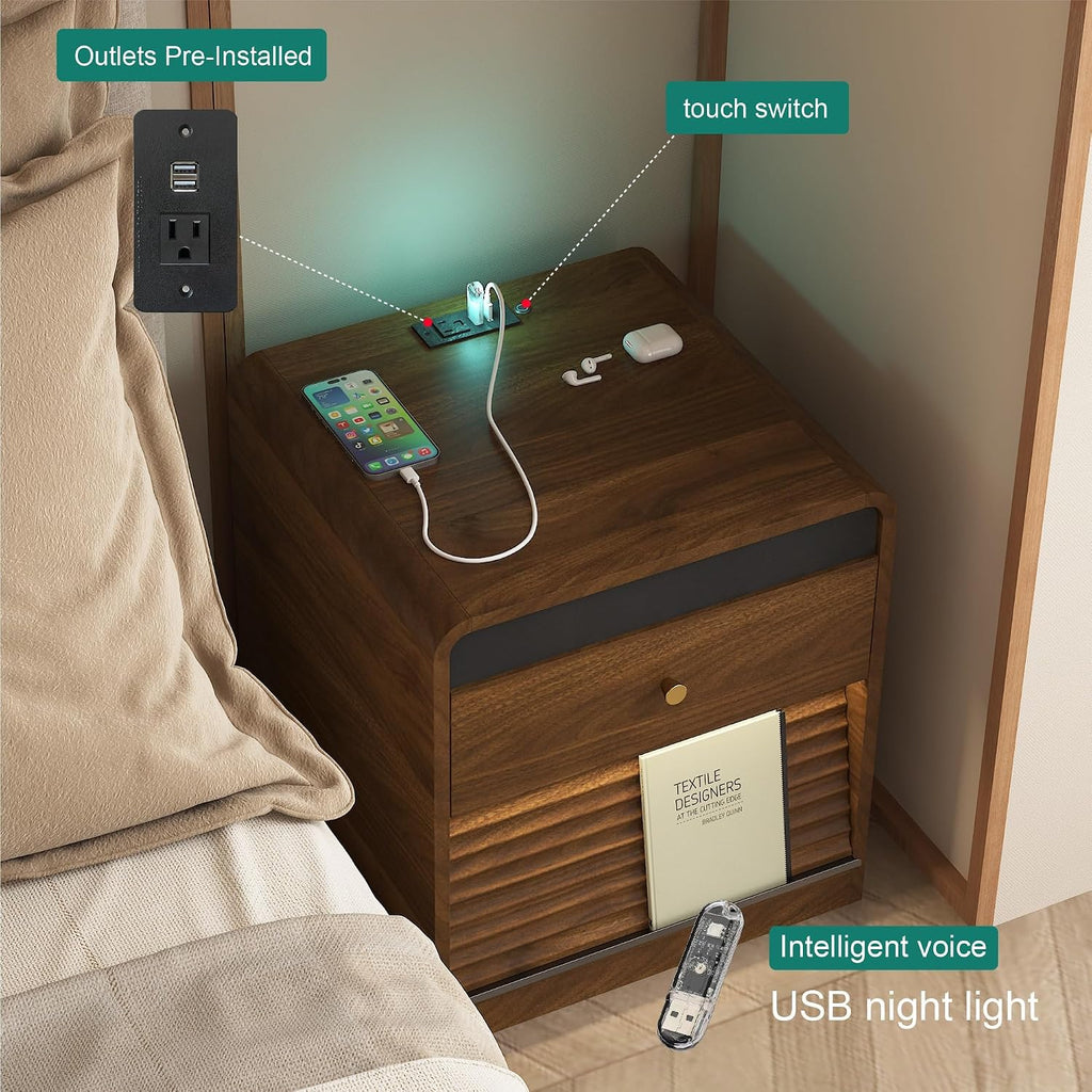 Smart Nightstand with Charging Station – Bedside Table with Voice-Controlled LED Night Light, 1 AC Outlet + 2 USB Ports, Ample Storage Cabinet for Bedroom(Wood)