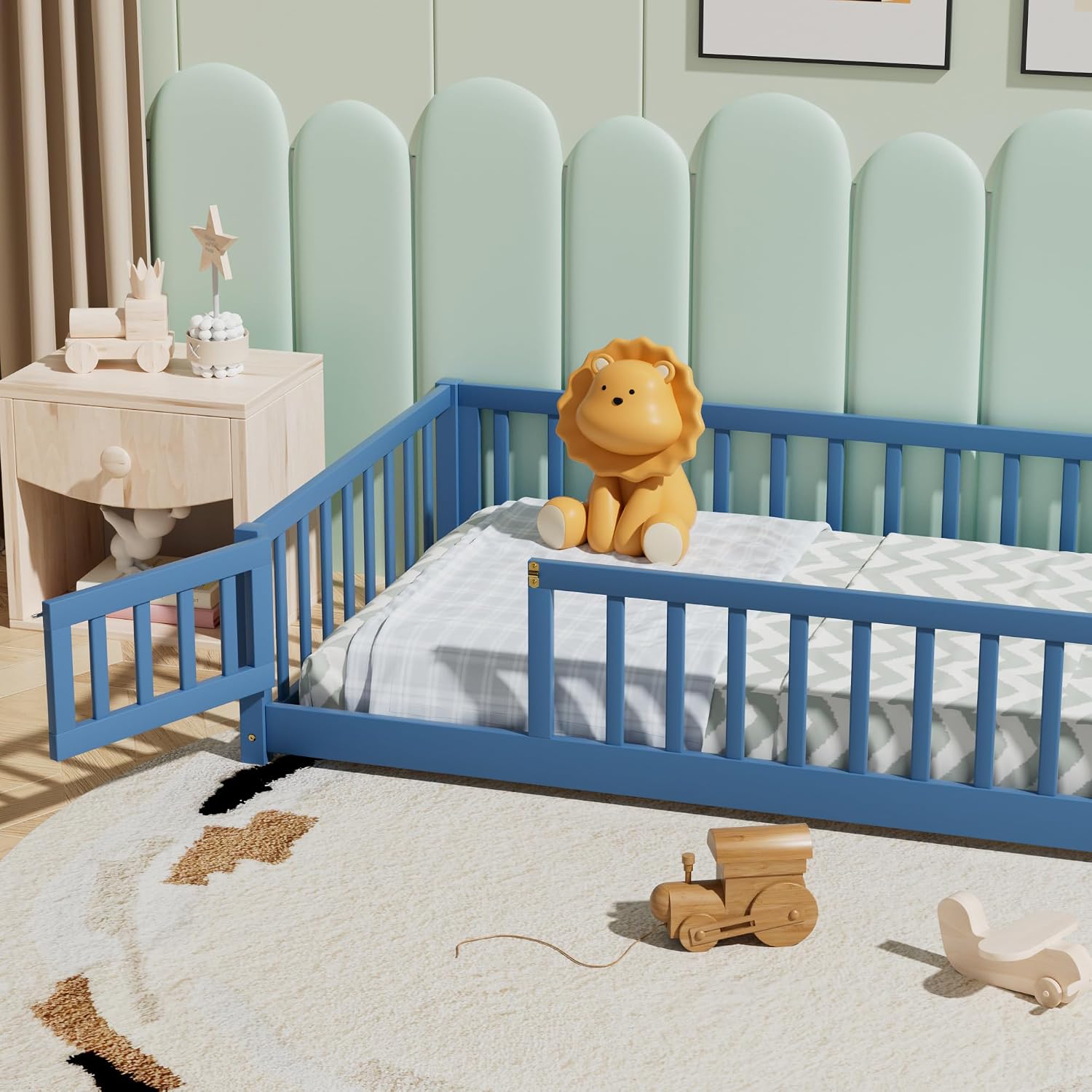 i-POOK Twin Floor Bed Frame with Wood Slats, High Fence & Small Door, Pinewood Montessori Floor Bed for Girls and Boys, Mist Blue