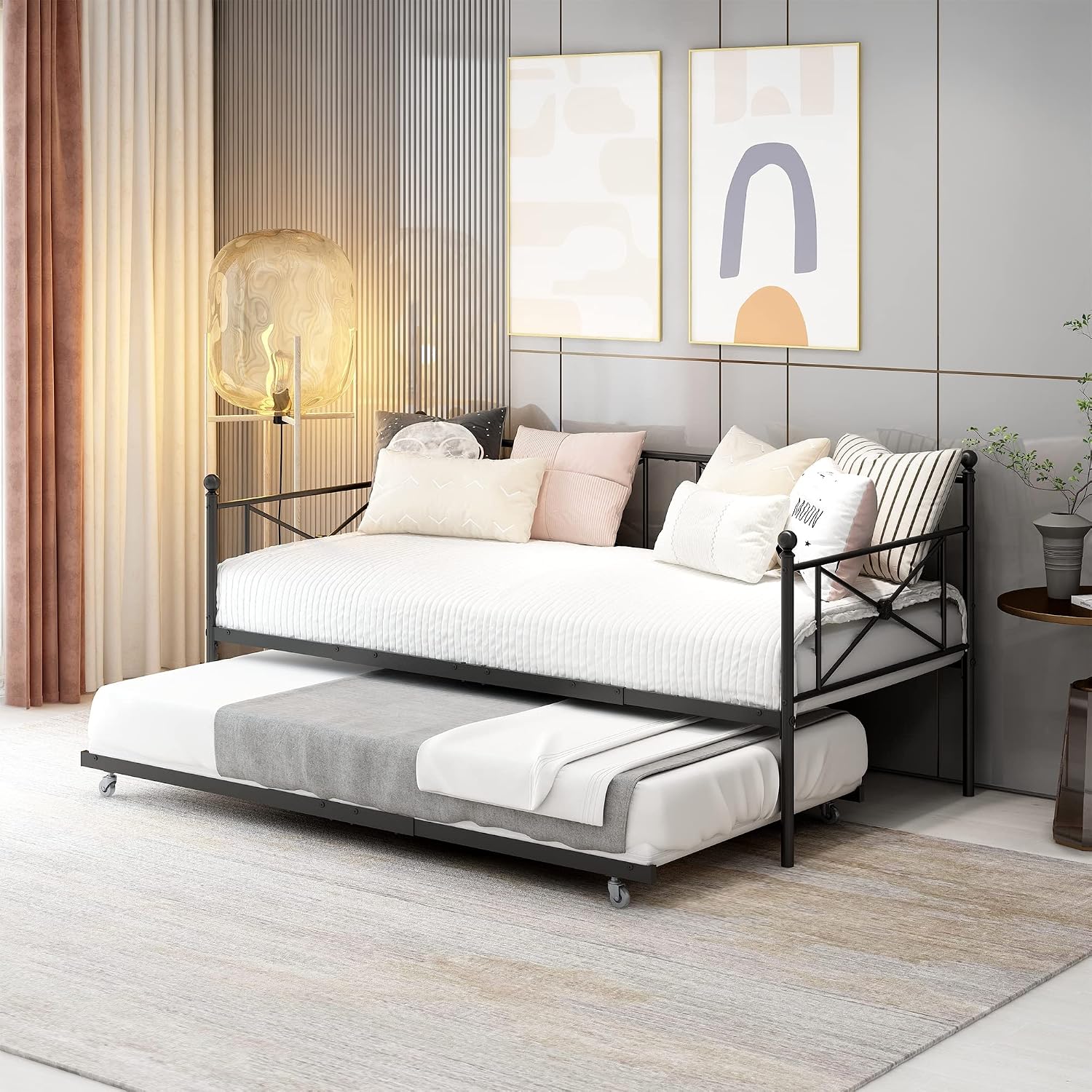 Sofa Bed Daybed with Trundle Sofa Bed Frame with Headboard,Premium Steel Slat Support,Multifunctional Mattress Foundation,Twin,Black