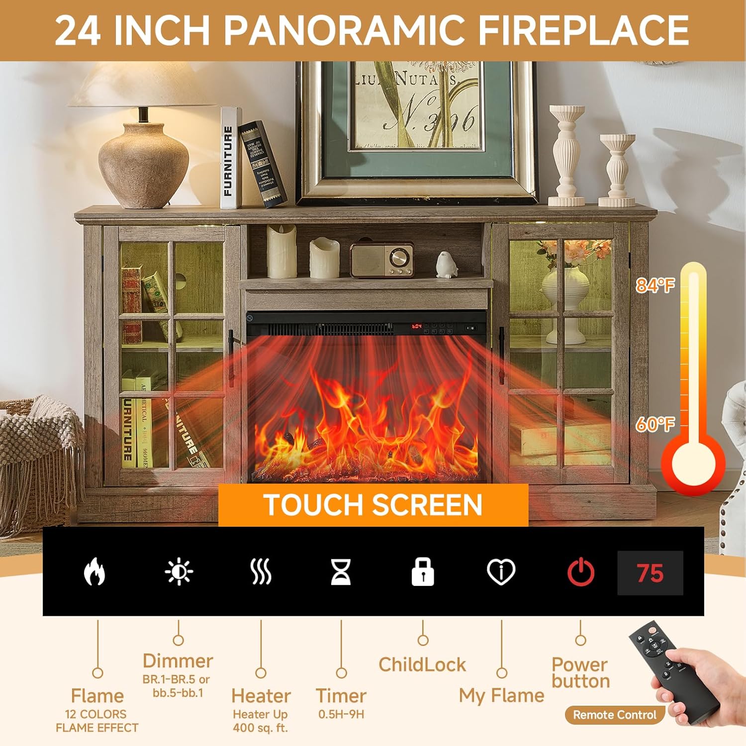 ROCKPOINT 3 Sided Glass 59' Fireplace TV Stand for TVs up to 65inch, Media Entertainment Center with Glass Door Storage Cabinet,24' Electric Fireplace with LED Light and Flame Colors,Grey
