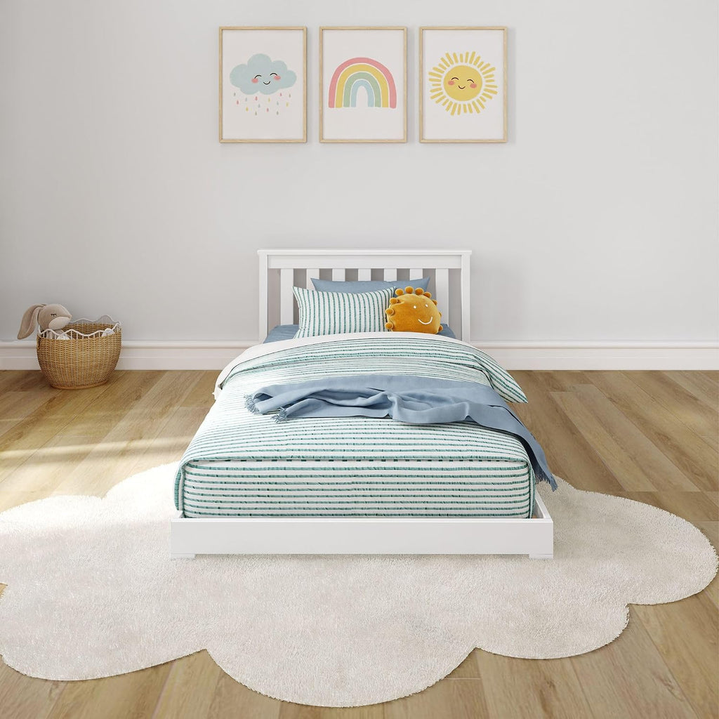 Max & Lily Classic Twin Floor Bed, 79.75 Inches, Solid Wood Low Bed Frame for Kids, Modern Floor Bed for Bedroom, White
