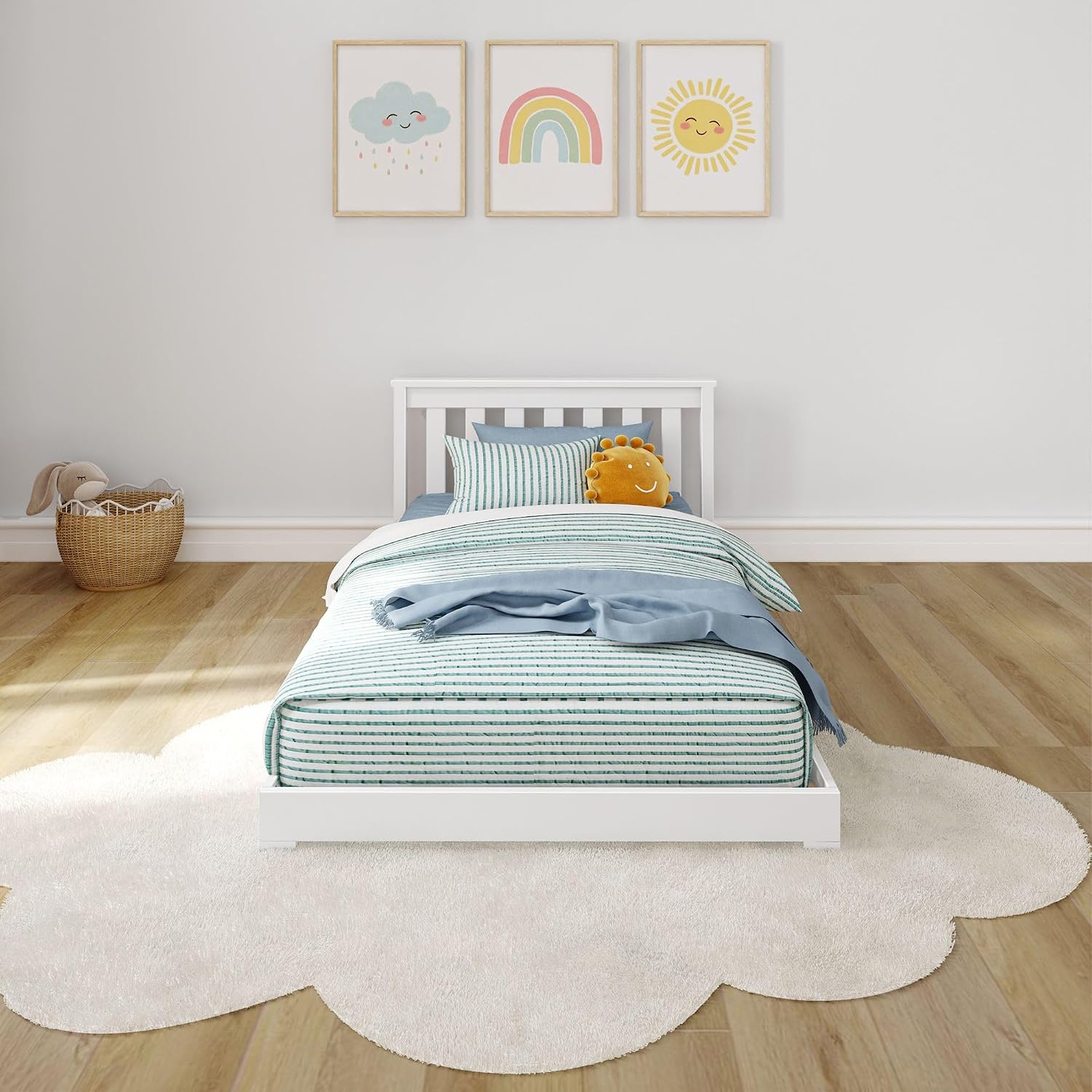 Max & Lily Classic Twin Floor Bed, 79.75 Inches, Solid Wood Low Bed Frame for Kids, Modern Floor Bed for Bedroom, White