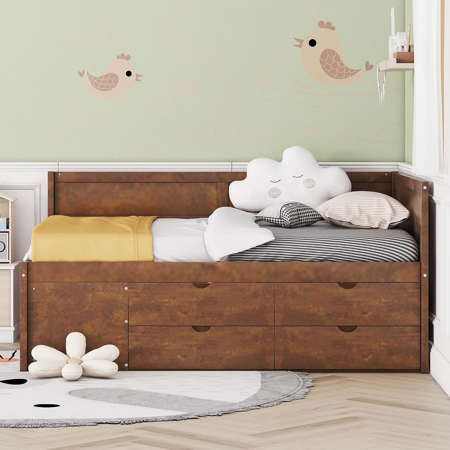 Full Size Daybed with 4 Pull-Out Drawers and 3 Functioning Shelves,Solid Wood Day Bed Frame with Wooden Slats Support for Bedroom,No Box Spring Required (Walnut-AB41)