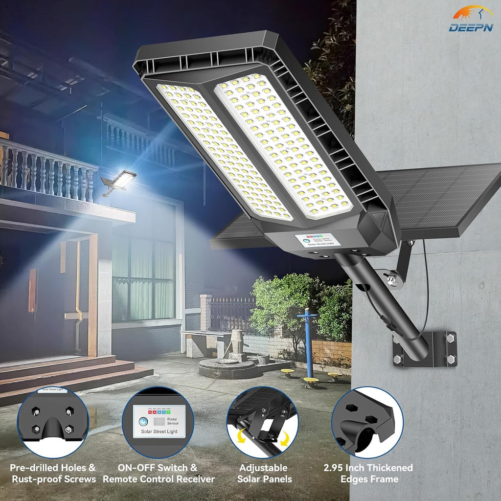 Deepn Solar Lights Outdoor, 8000w SolarStreet Lights Outdoor Waterproof Dusk toDawn LED Security Flood Light with MotionSensor and Remote Control for Pathway,Entryway & Yard, 2 Pack