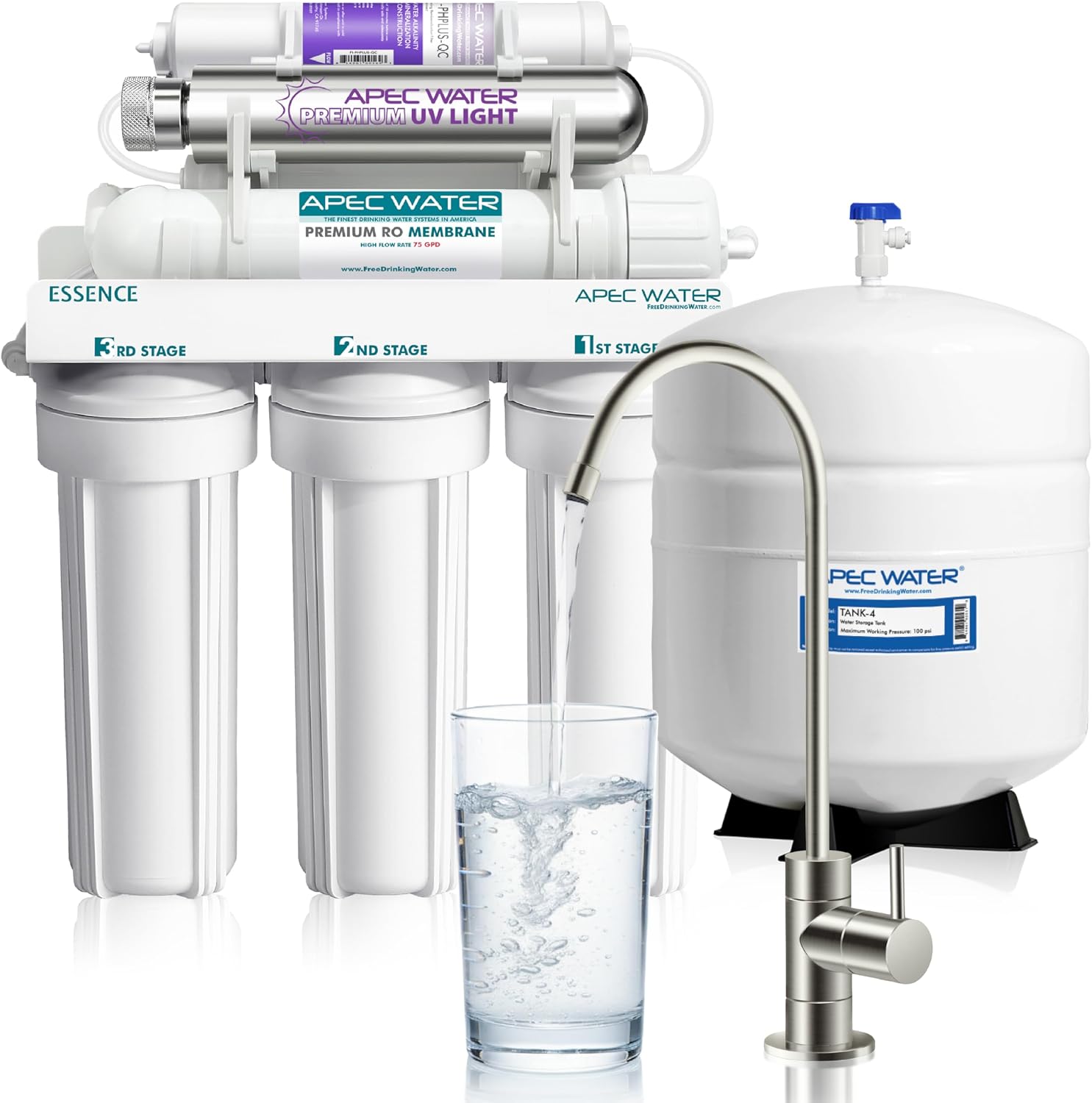APEC Water ROES-PHUV75, 7-Stage Alkaline Under Sink Reverse Osmosis Water Filter System, UV Filter, NSF Certified 372, 75 GPD, Reduces 99% of Impurities