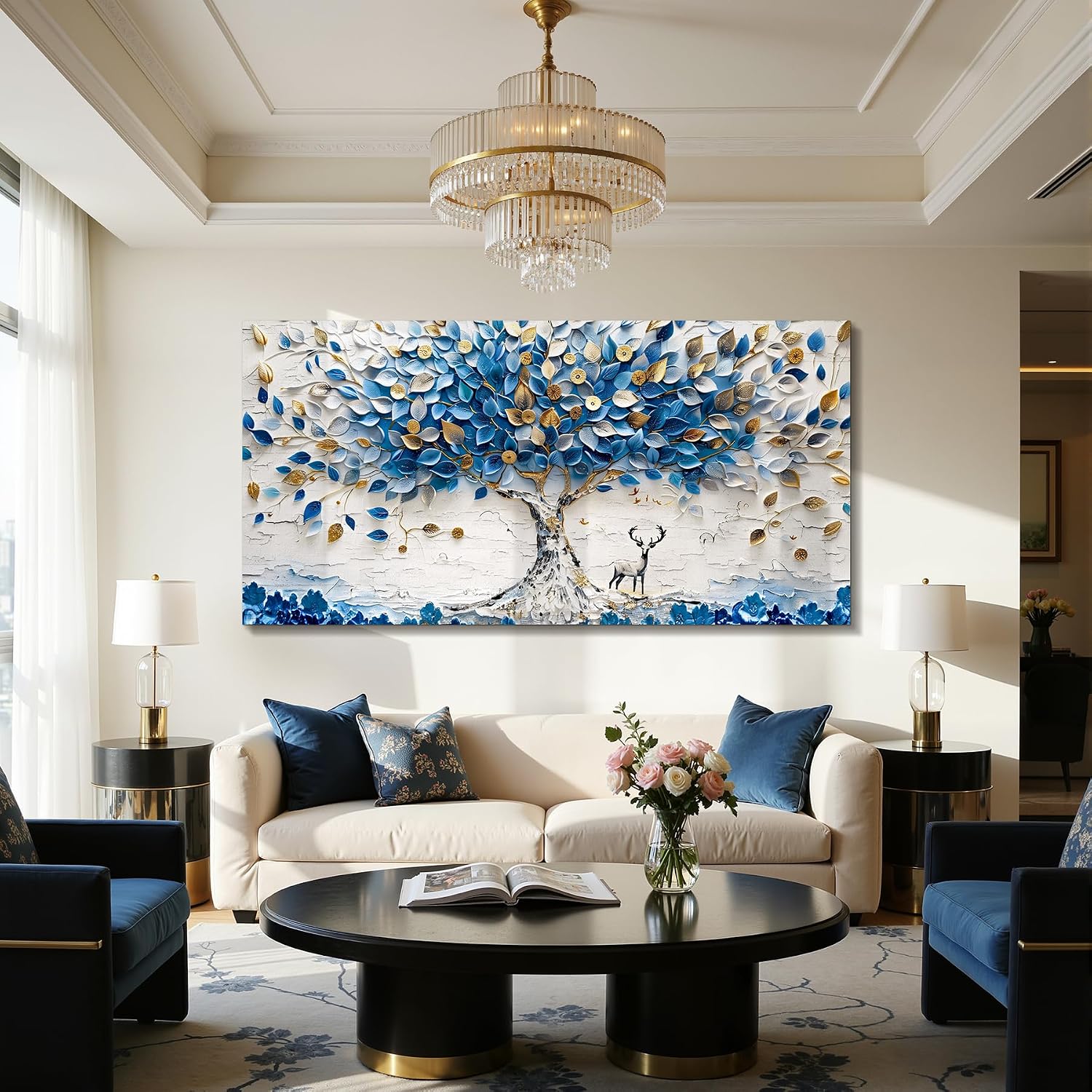 imjiayu Oversized Wall Art, Tree of Life Wall Art, Abstract Art Wall Decor, Blue and White Money Tree Canvas Prints, Modern Extra Large Pictures for Living Room Dining Room Office Hotel 29'x57'