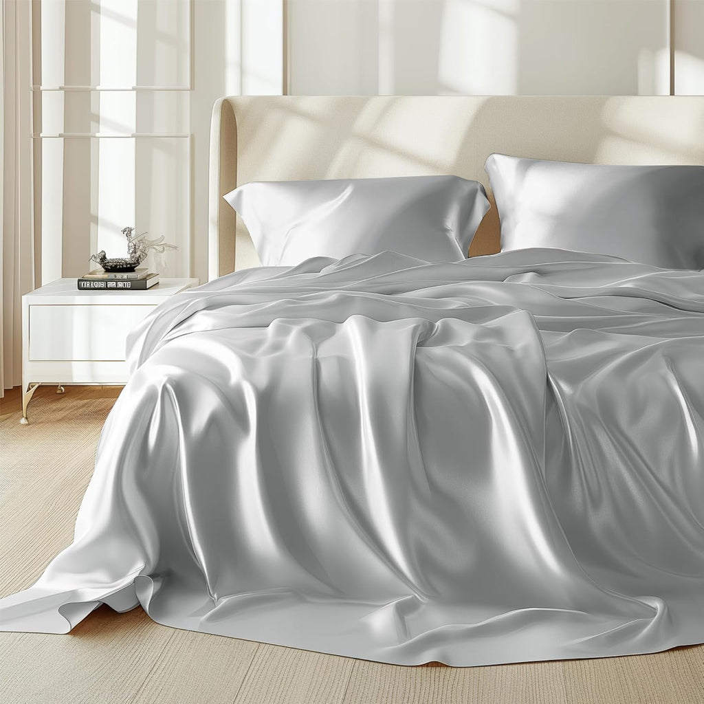 RV King Size 4-Piece Sheet Set Premium Mulberry Silk Bed Sheets Set Fits 14-16' Deep Pocket - Luxurious Soft Silk (Solid, Silver Grey)