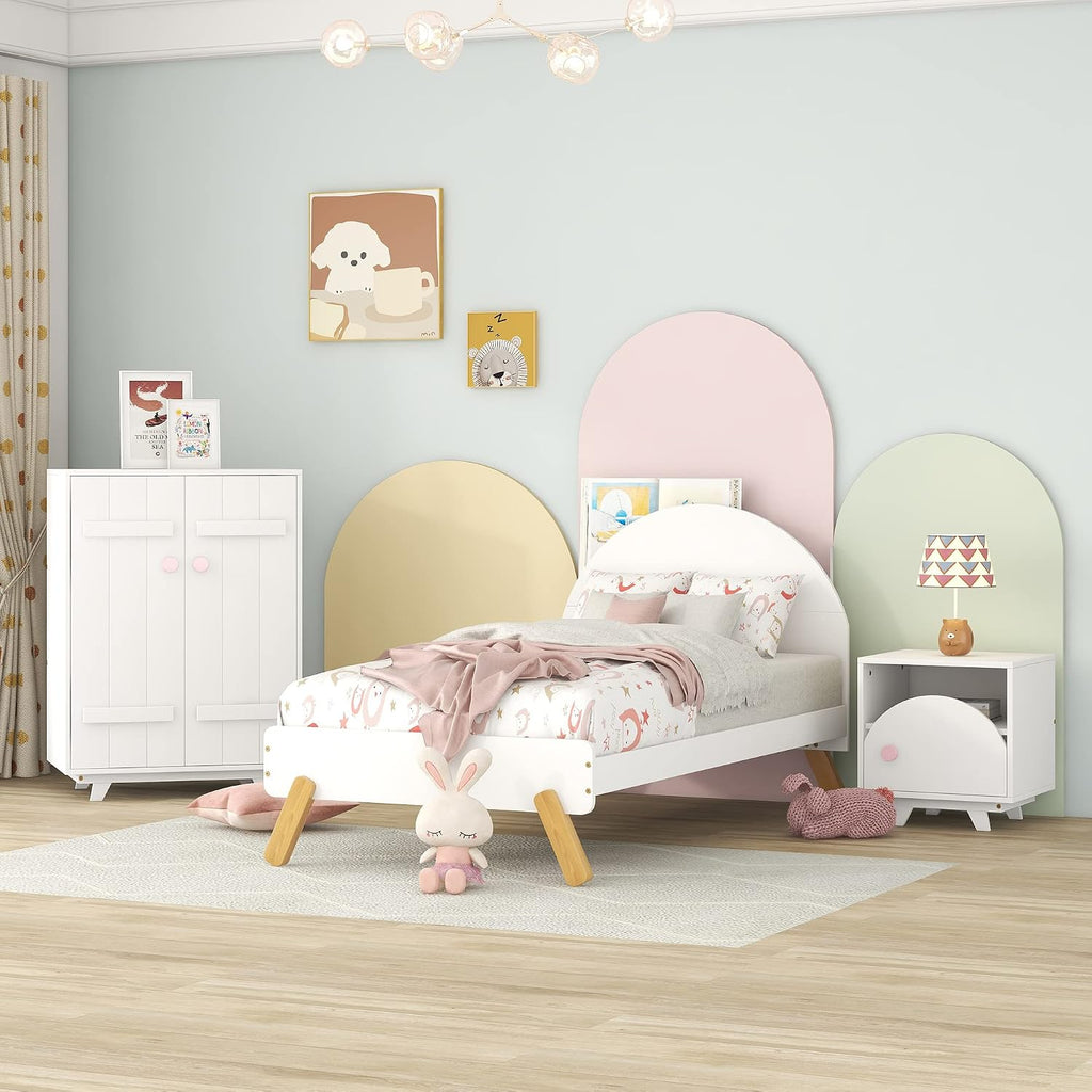 Generic 3 s Bedroom Sets Twin Size Platform Bed with Nightstand and Wardrobe,White+Pink